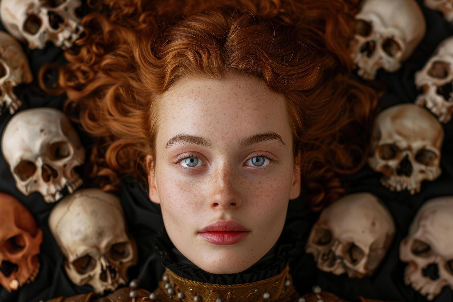 Striking portrait of a young woman with fiery red curls and piercing blue eyes, surrounded by a dark and ominous background of skulls photo