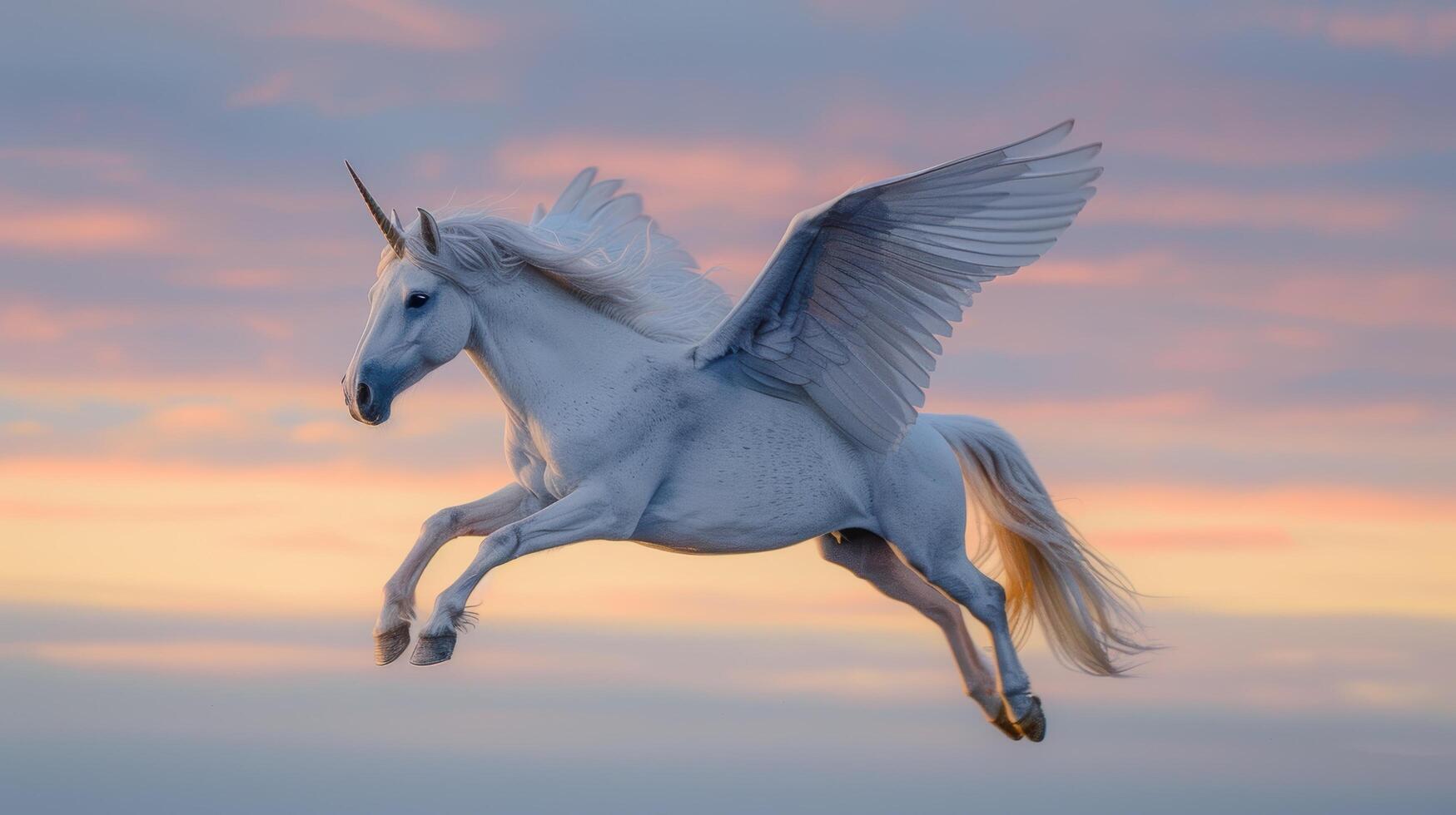 majestuoso con alas unicornio altísimo en contra puesta de sol cielo foto