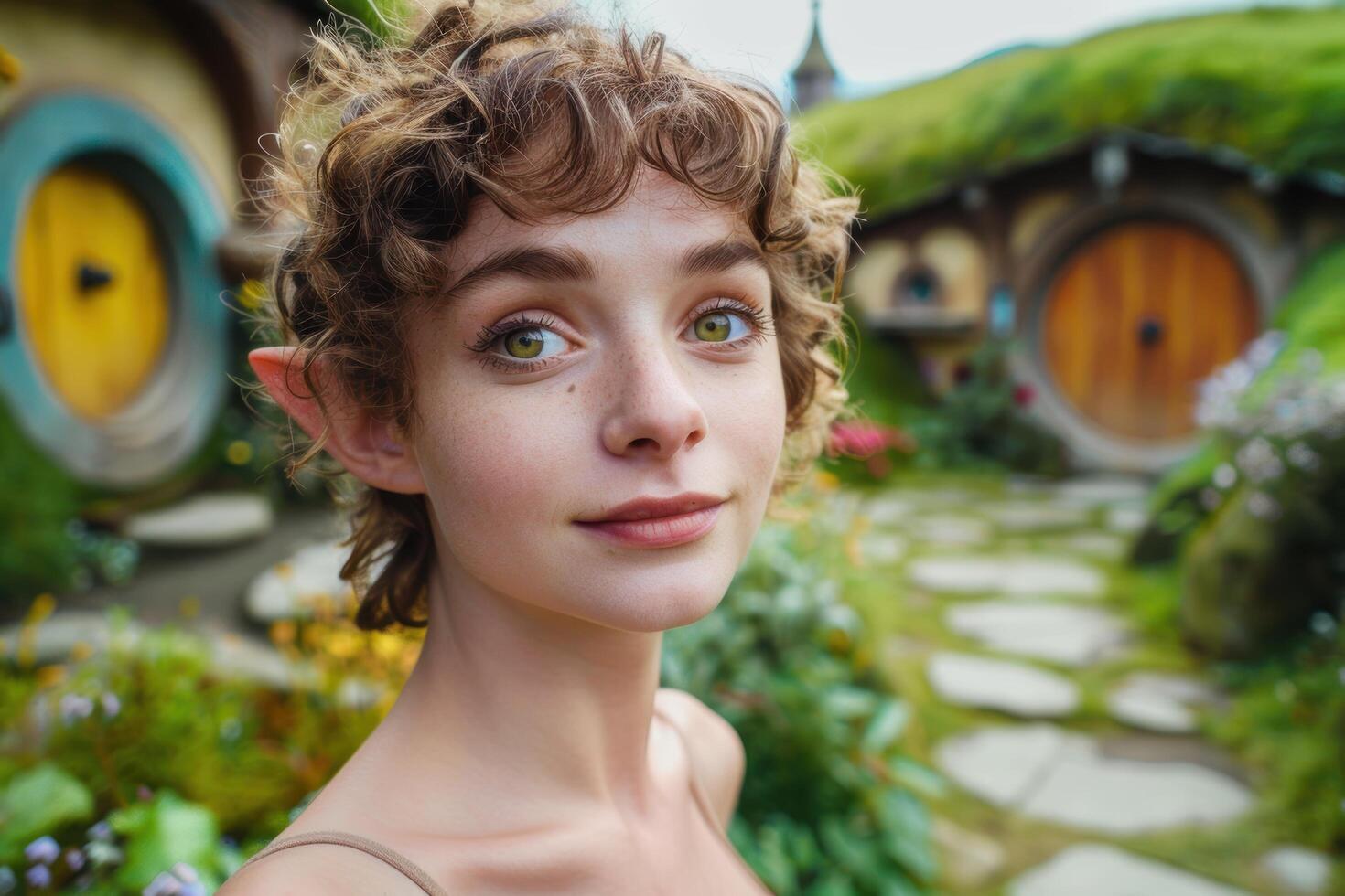 Whimsical portrait of a young woman in a fantasy garden photo