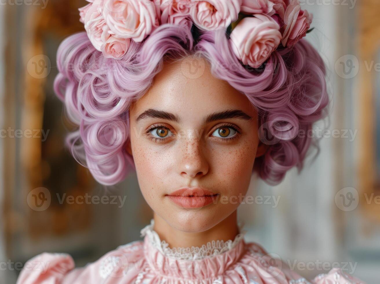 young woman with pink curly hair and floral crown photo