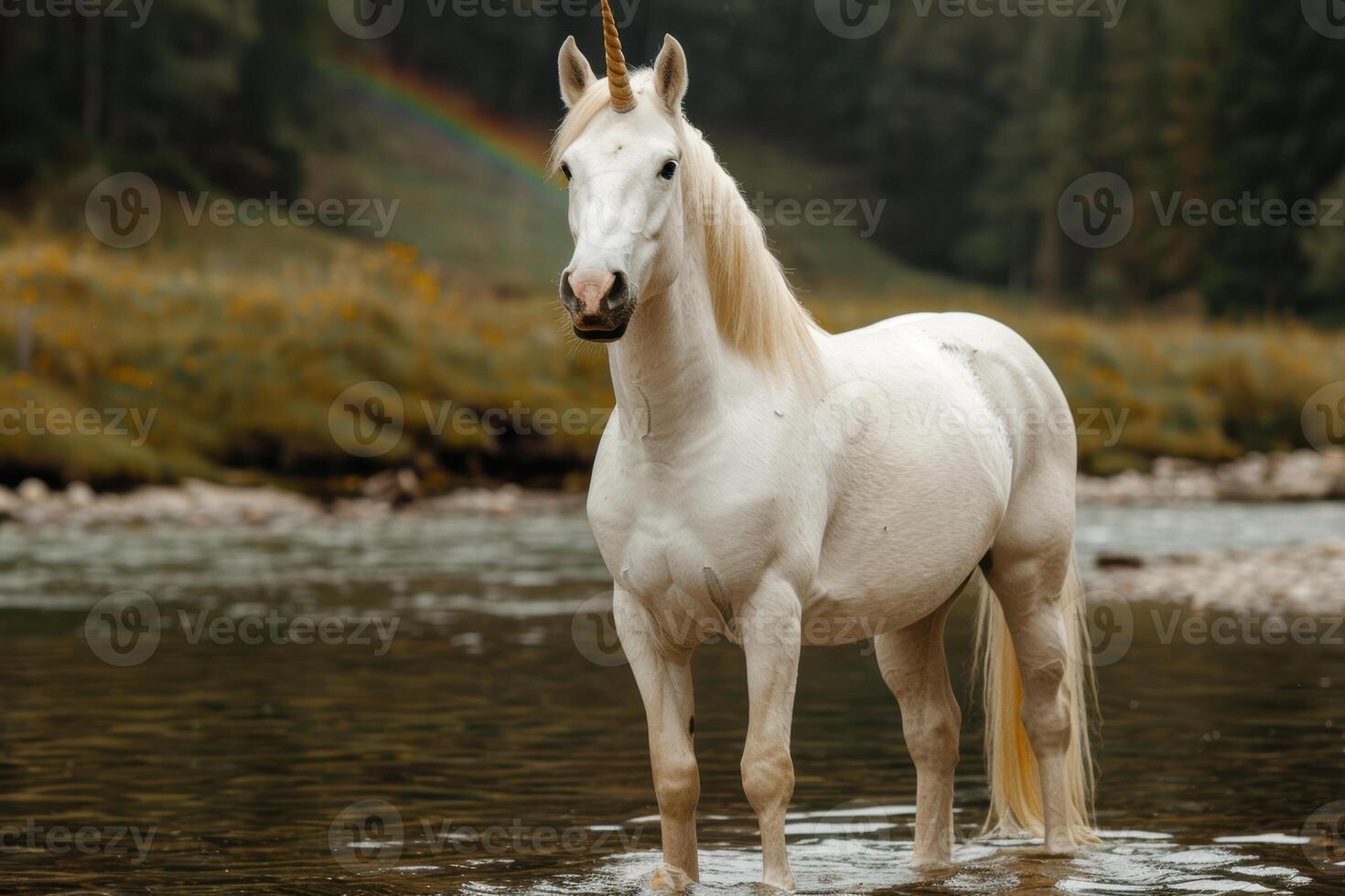 majestuoso blanco unicornio en pie en un río foto
