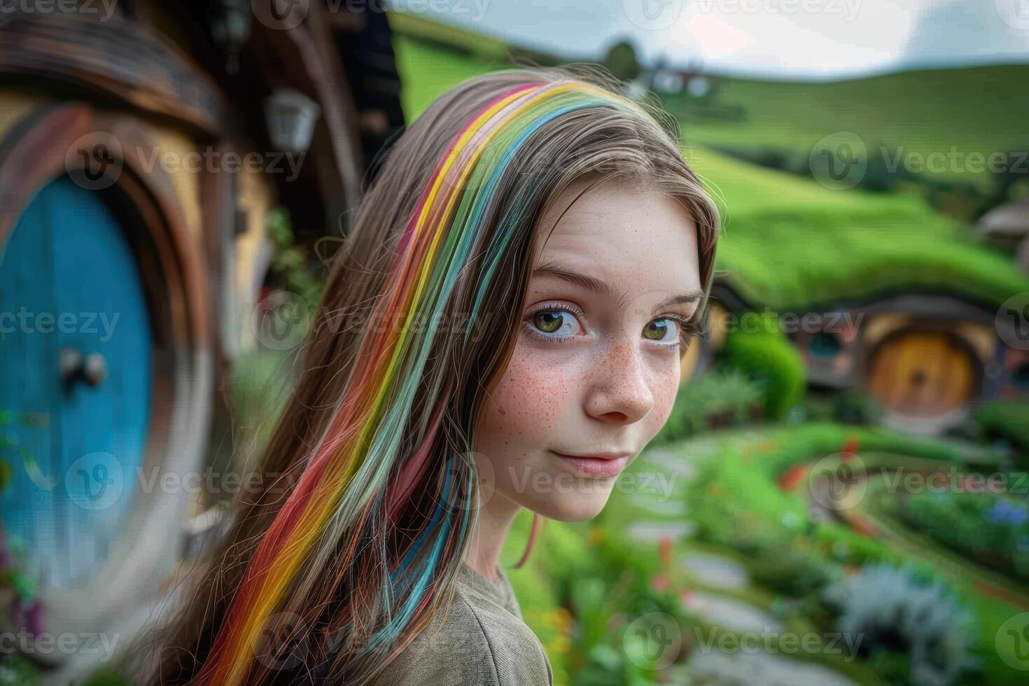 young woman with colorful hair in front of a whimsical landscape photo