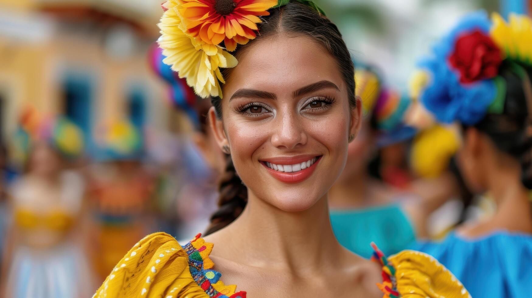 beautiful woman with colorful flower crown photo