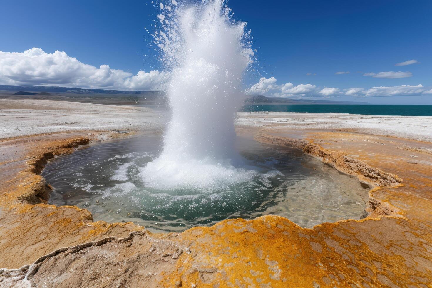 Powerful geyser eruption in desert landscape photo
