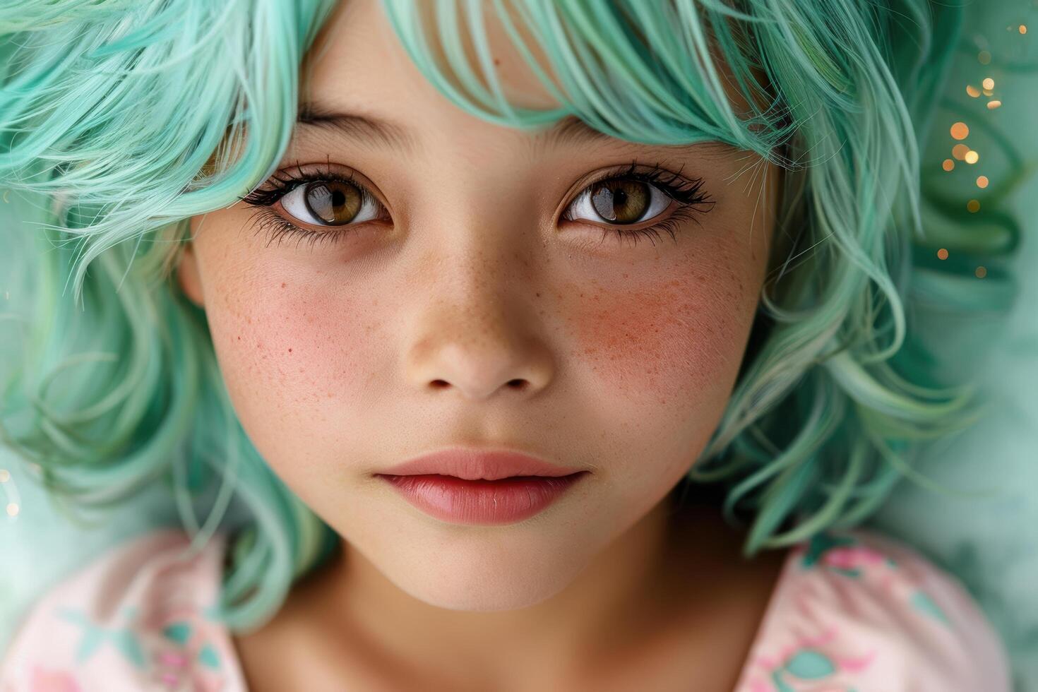 Vibrant green haired girl with warm brown eyes photo