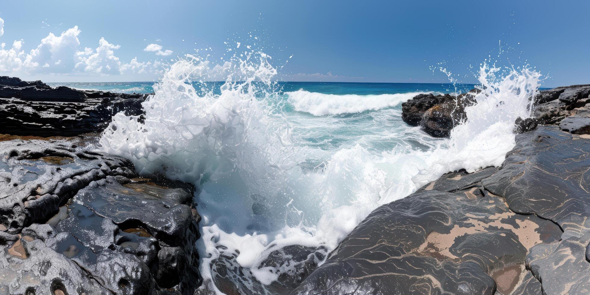 Crashing waves on rocky coastline with turquoise ocean photo