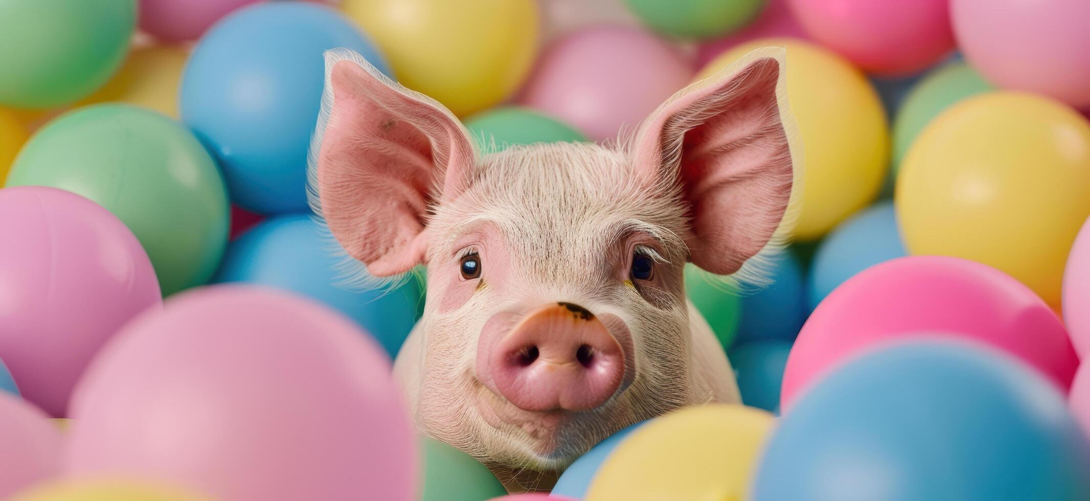 Cute piglet surrounded by colorful easter eggs photo