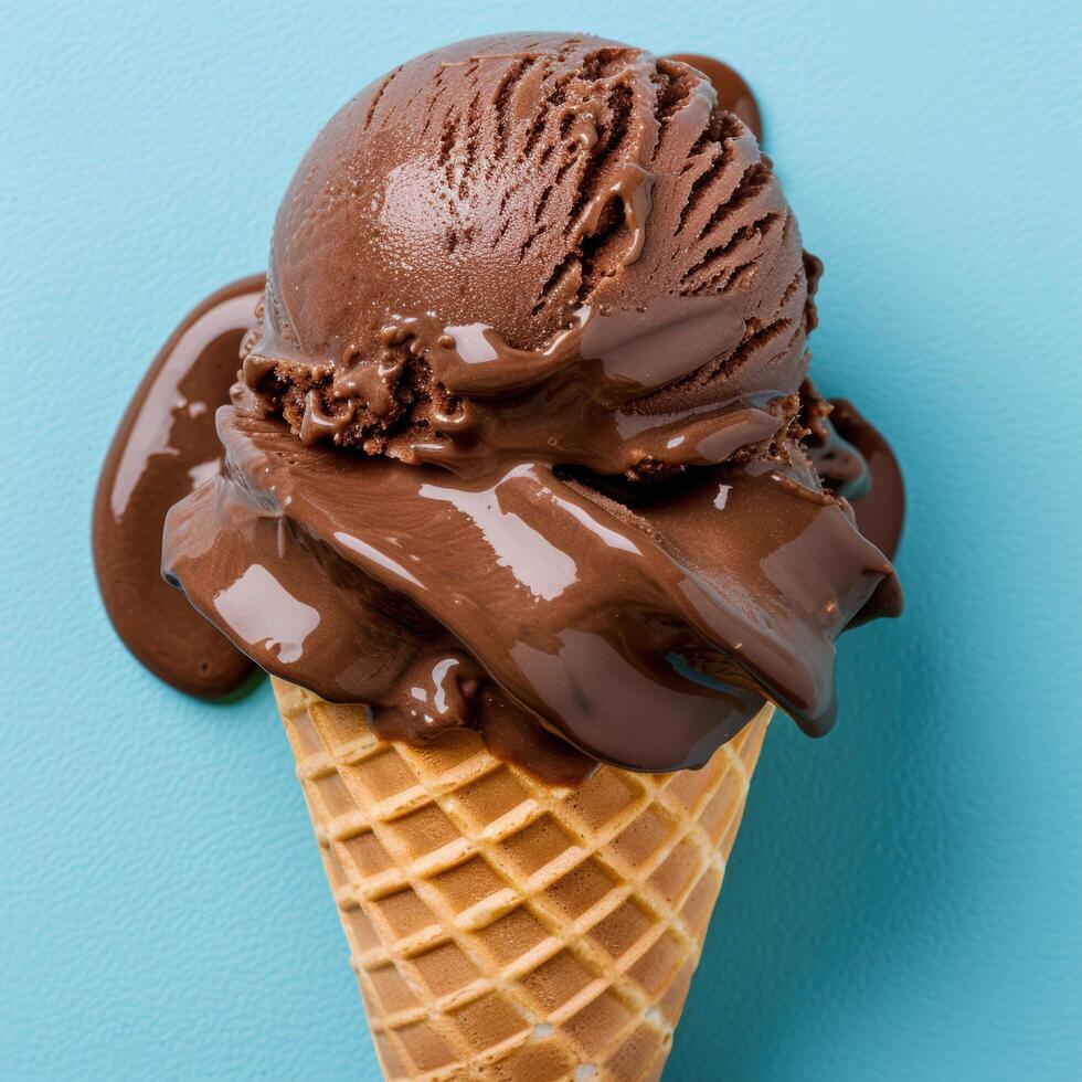 Delicious chocolate ice cream scoop in waffle cone photo