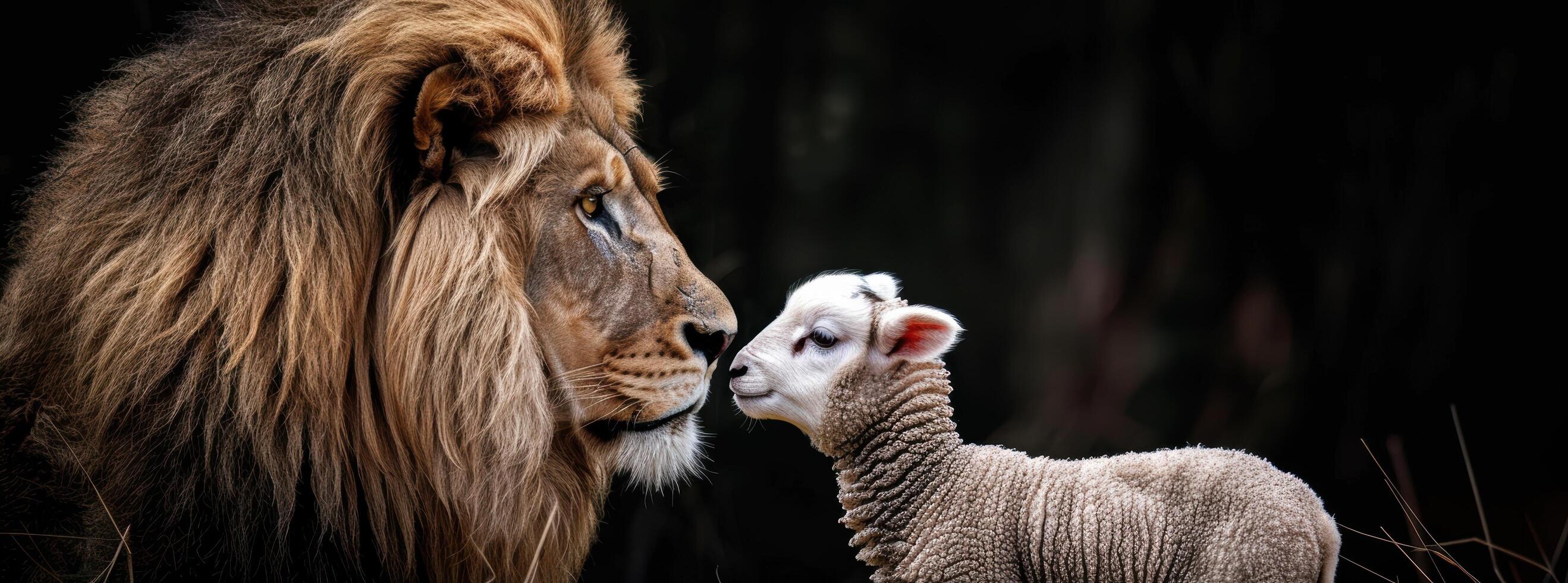 Powerful lion and innocent lamb in close encounter photo