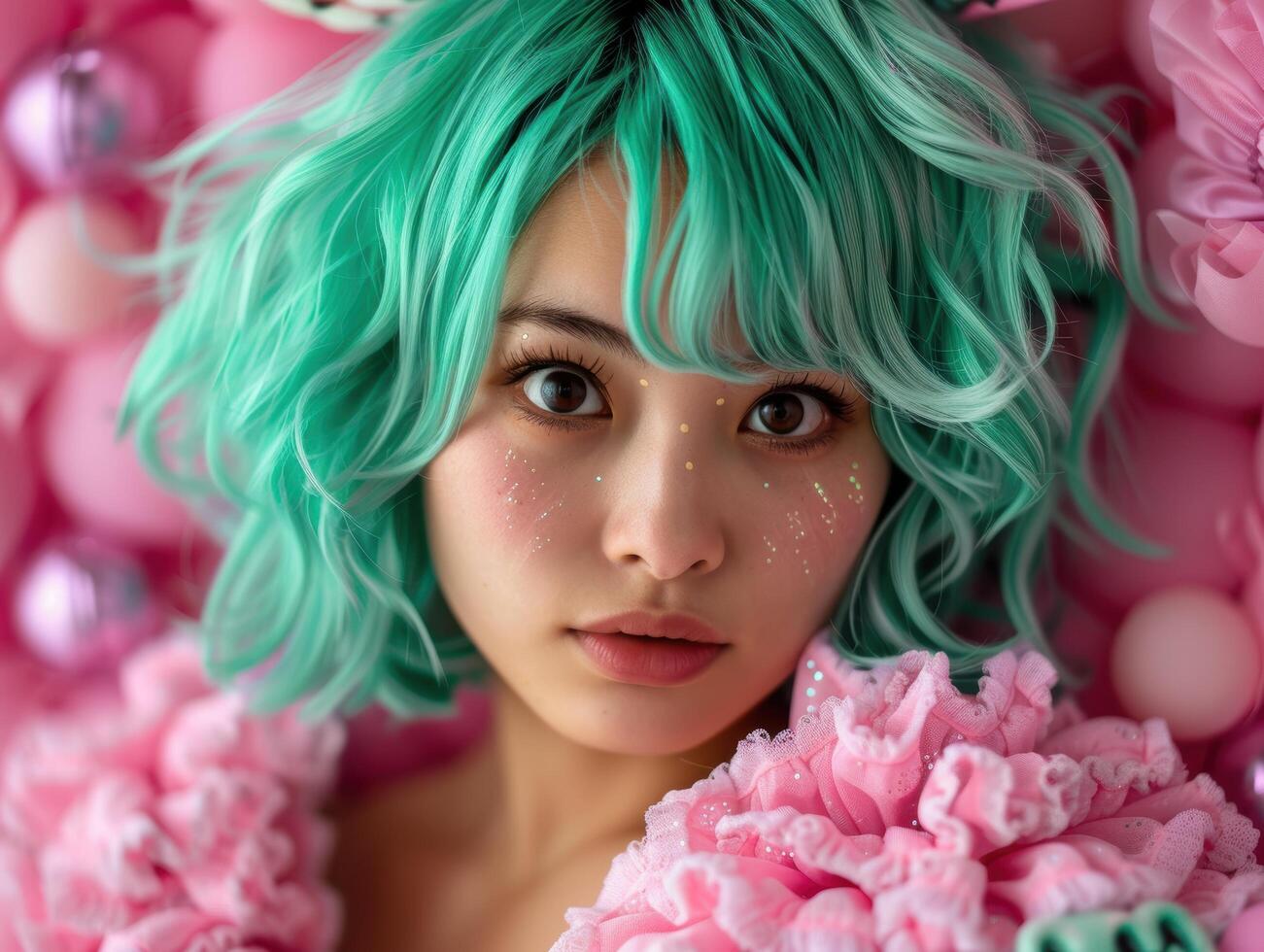 Vibrant green haired woman with pink flowers photo