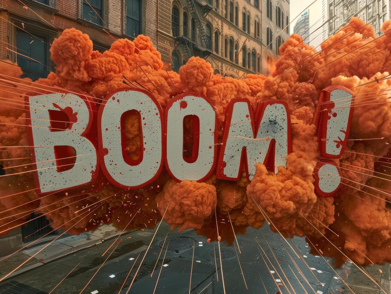Explosive orange smoke billows from a large boom sign photo