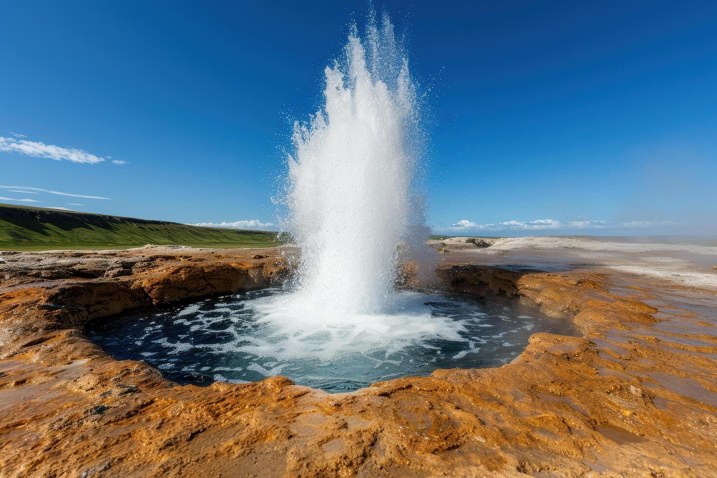 Powerful geyser eruption in natural landscape photo