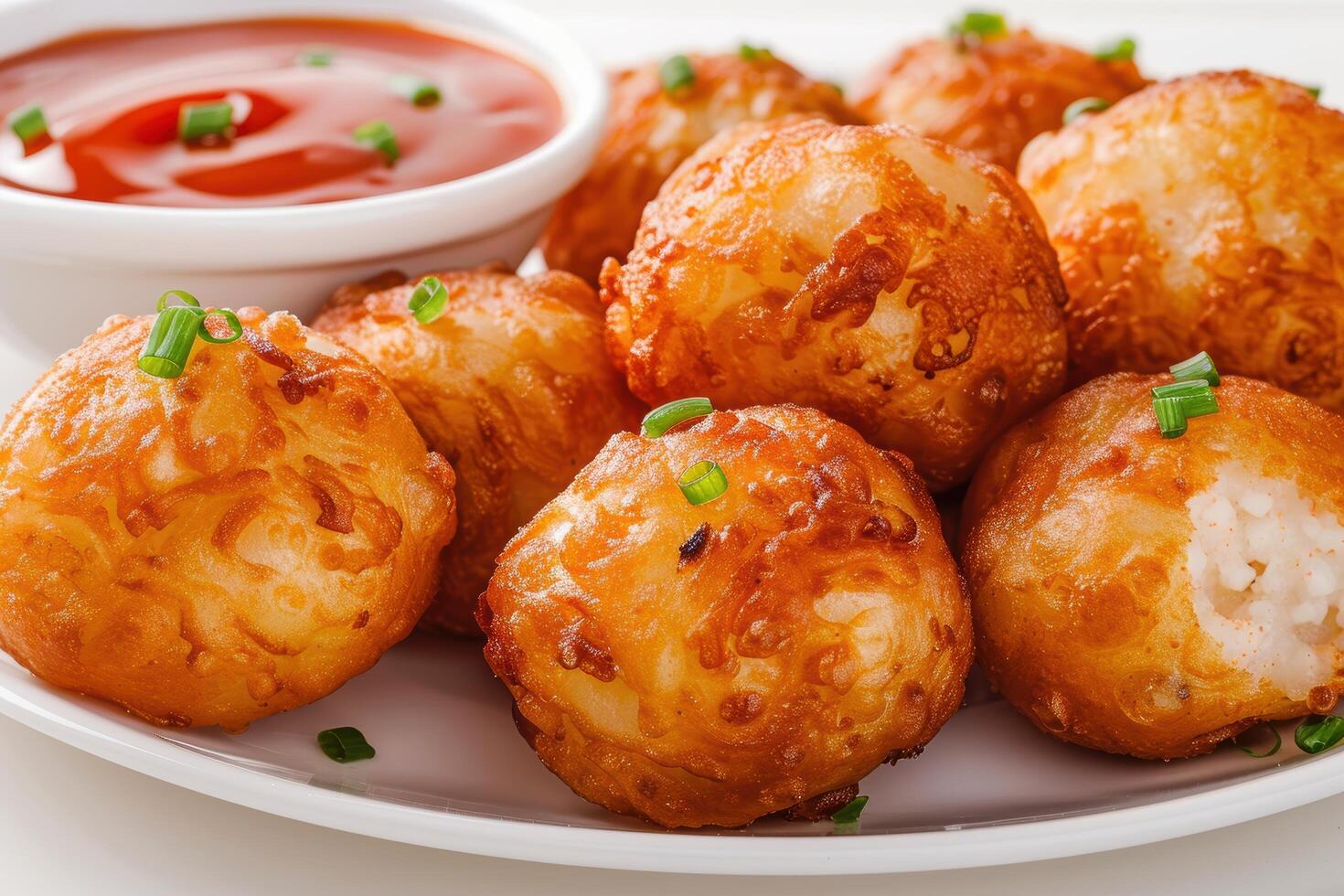 Delicious fried potato balls with dipping sauce photo