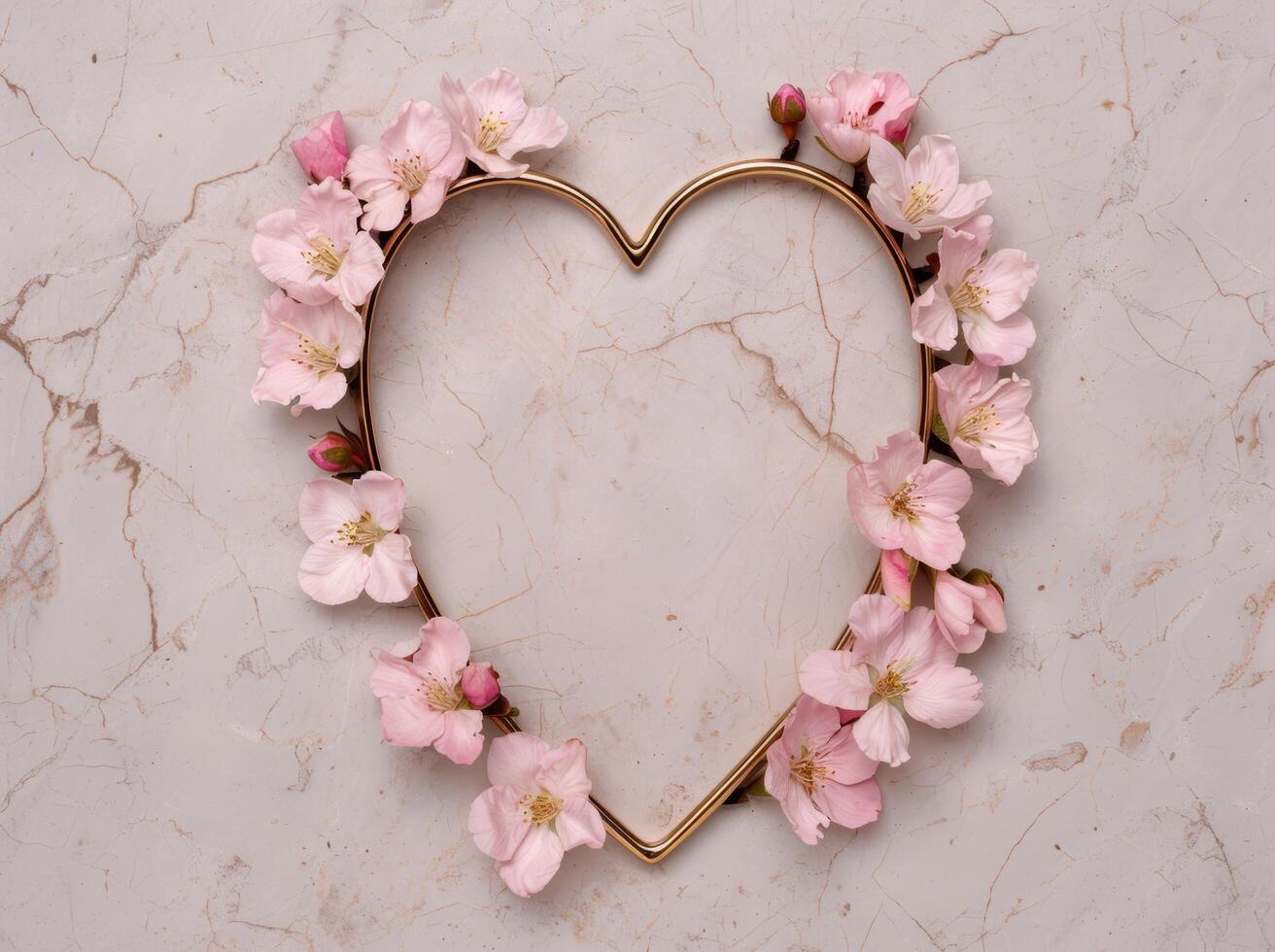 golden heart shaped frame with pink cherry blossoms photo