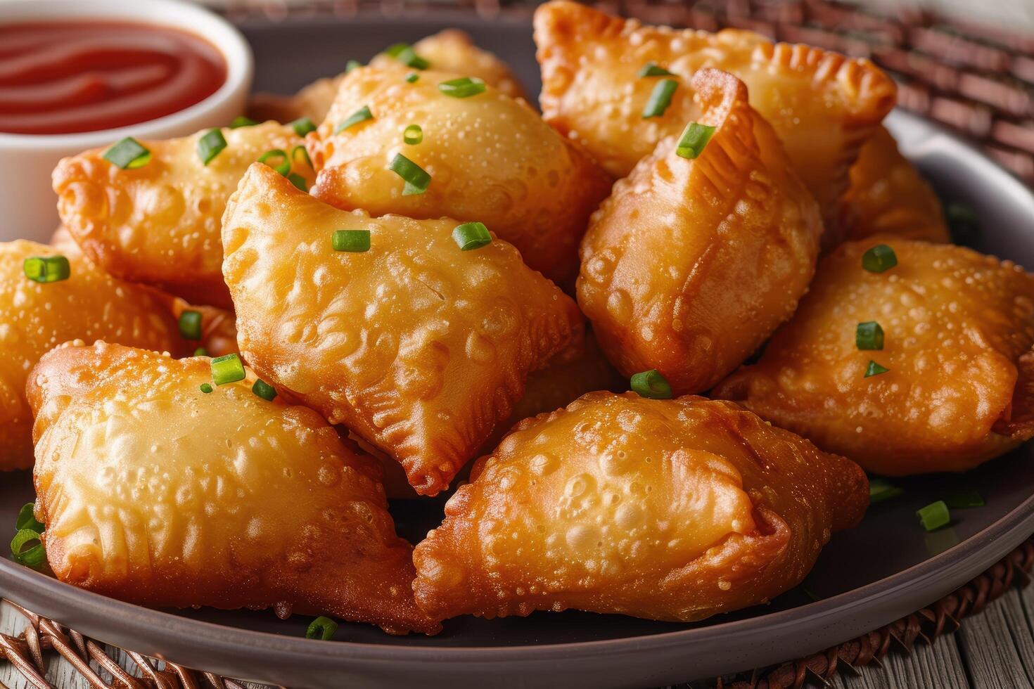 Delicious fried dumplings with green onions photo