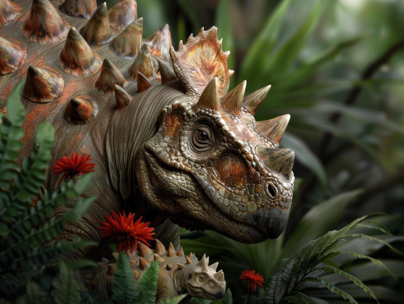Closeup of a spiny horned lizard in a lush tropical setting photo