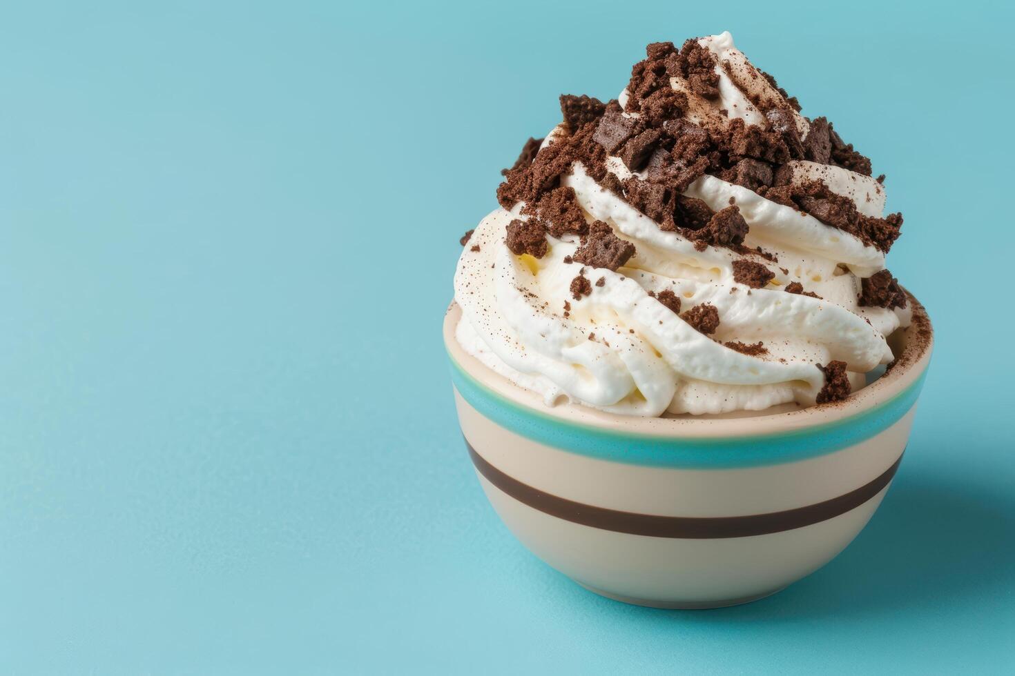 Delicious chocolate ice cream sundae with whipped cream and crumbled cookies photo