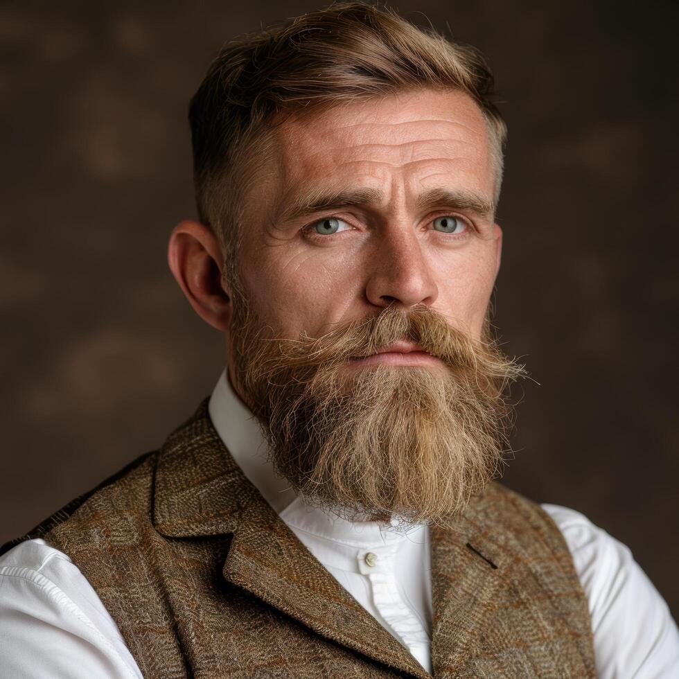 Serious bearded man in tweed jacket photo