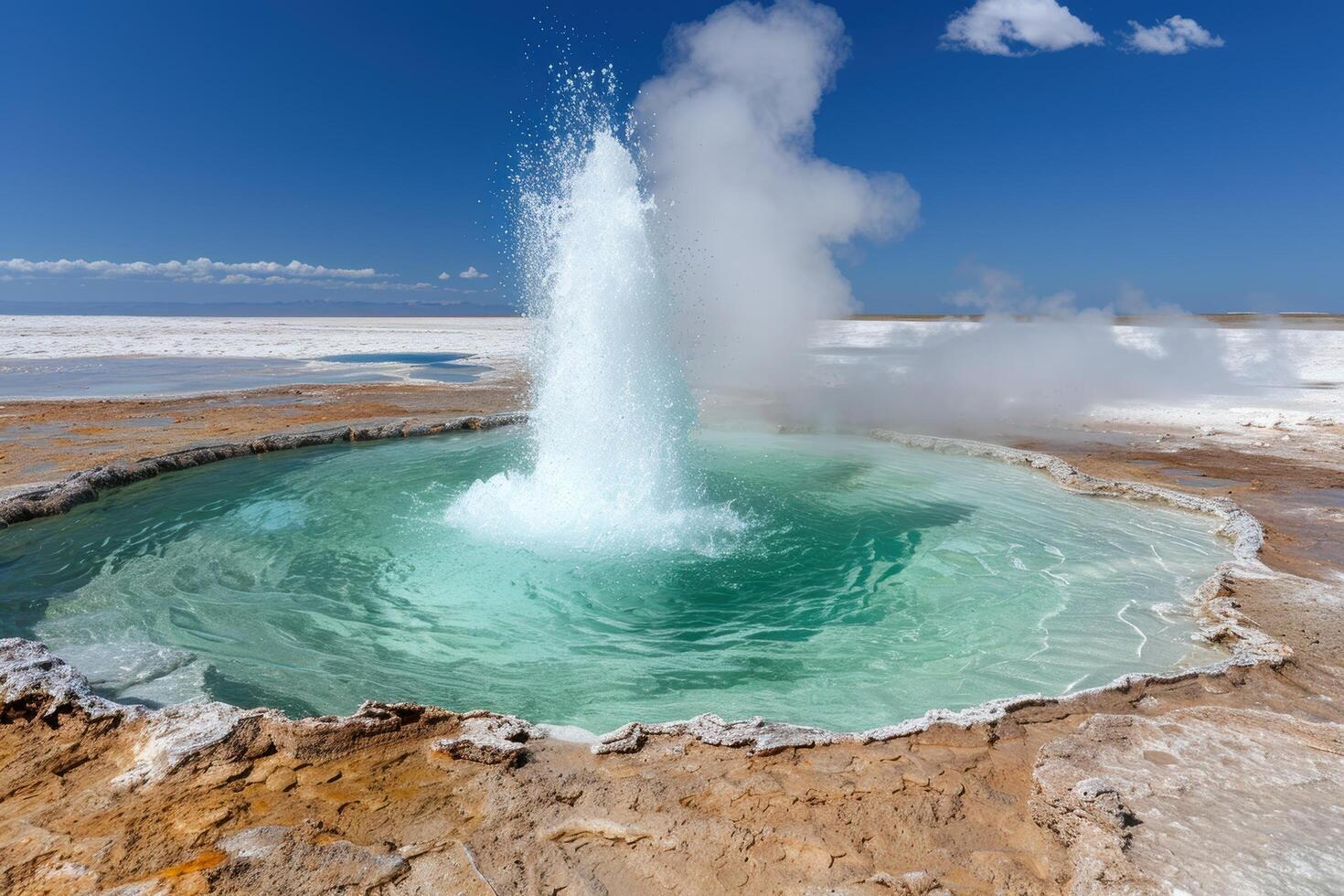 Powerful geyser erupting in geothermal landscape photo
