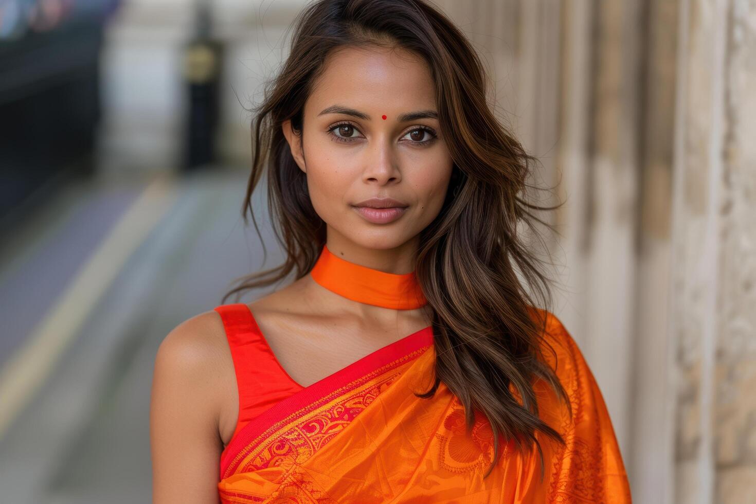 Elegant woman in vibrant orange sari photo