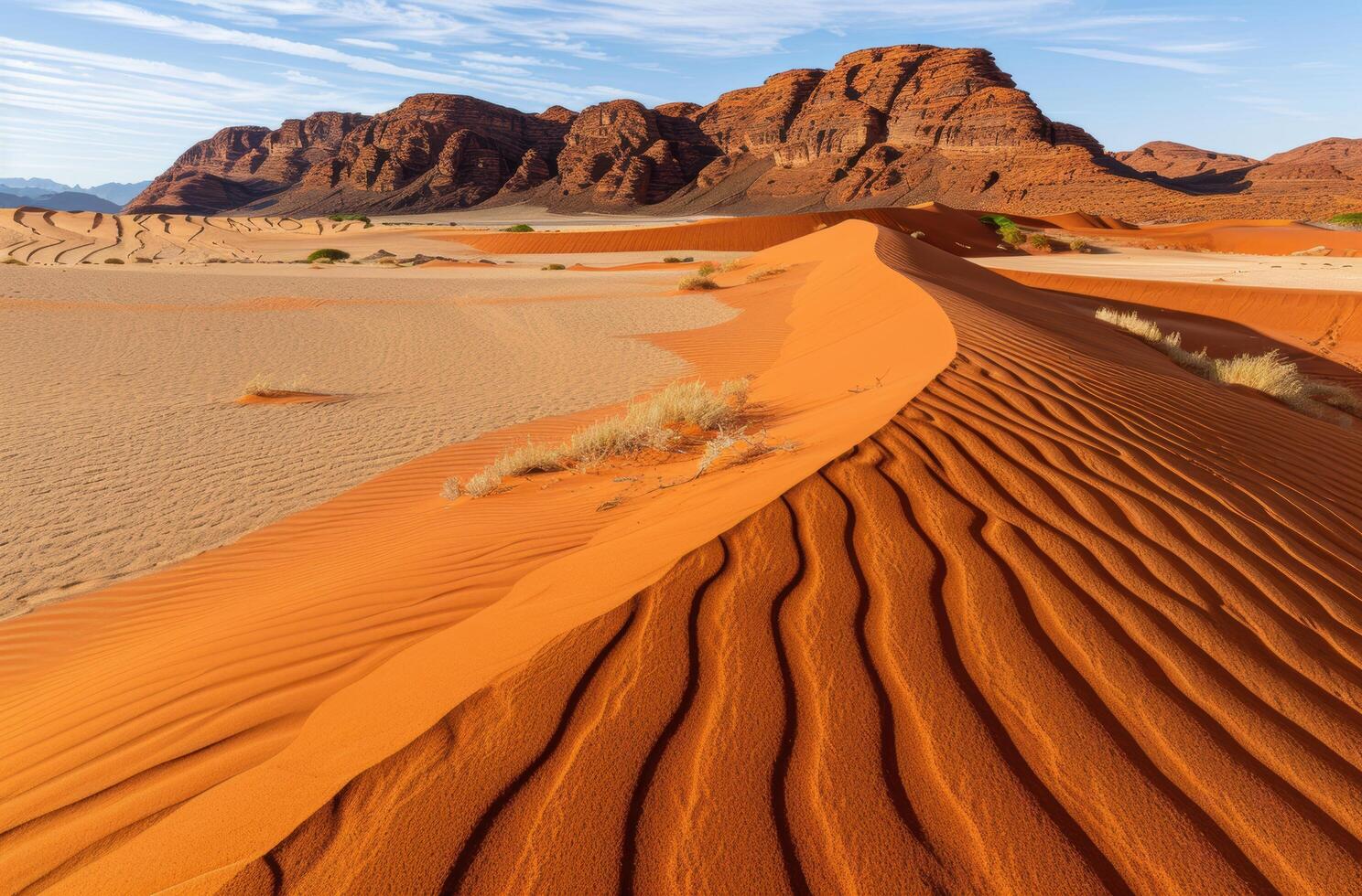 Stunning desert landscape with vibrant orange sand dunes and rugged rock formations photo