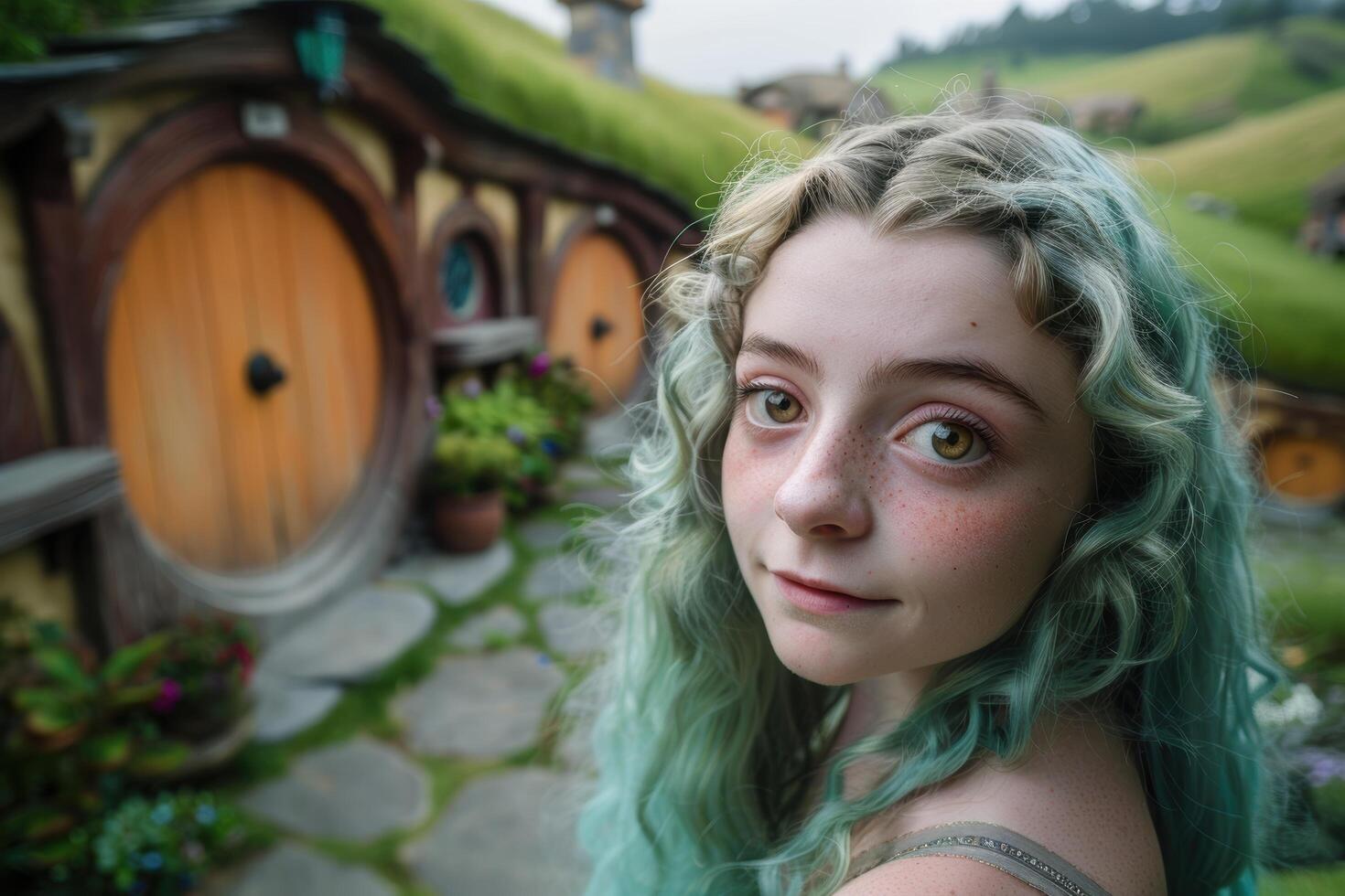 young woman with green hair in fantasy setting photo
