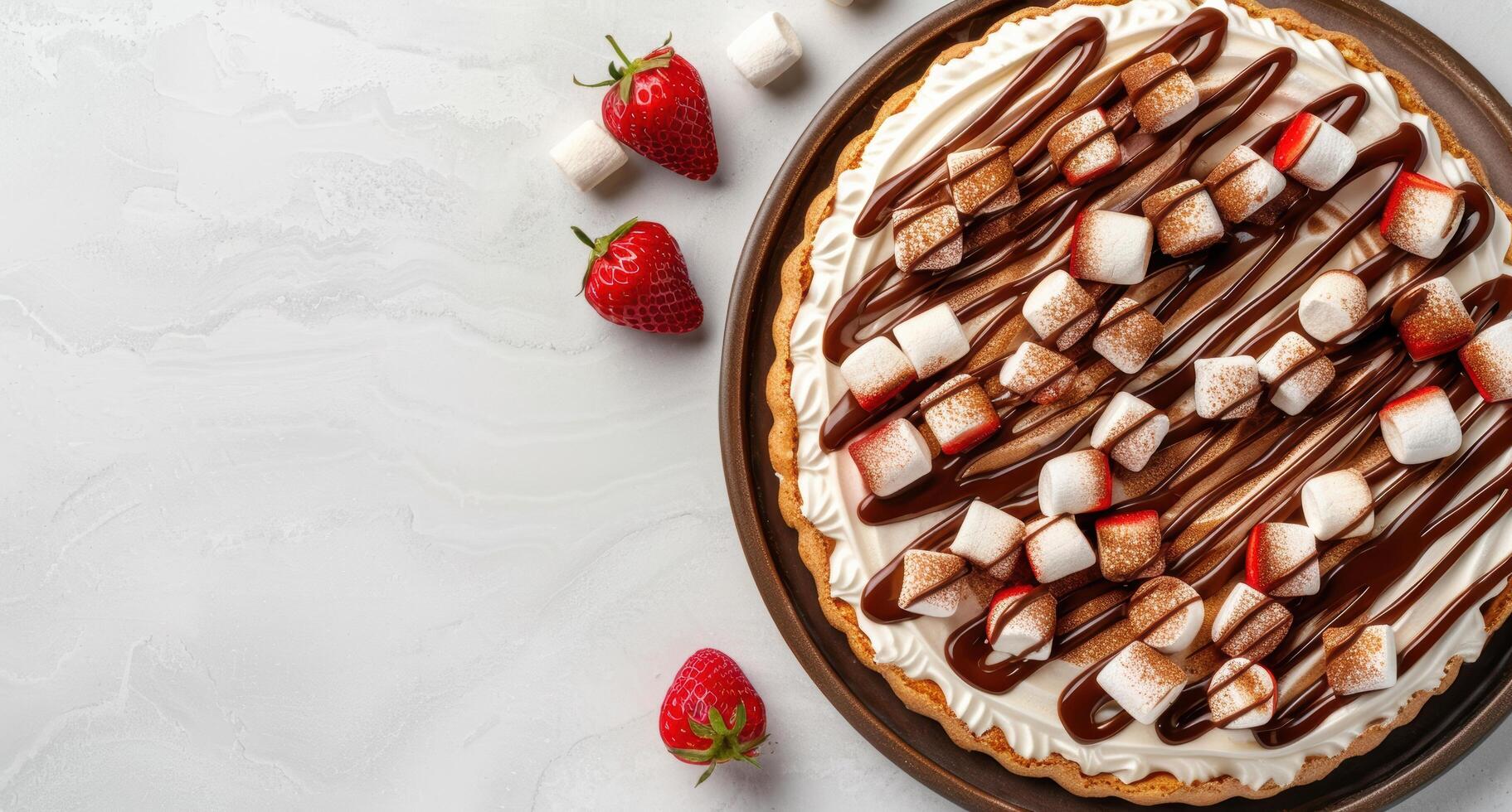 Delicious chocolate and marshmallow tart with fresh strawberries photo