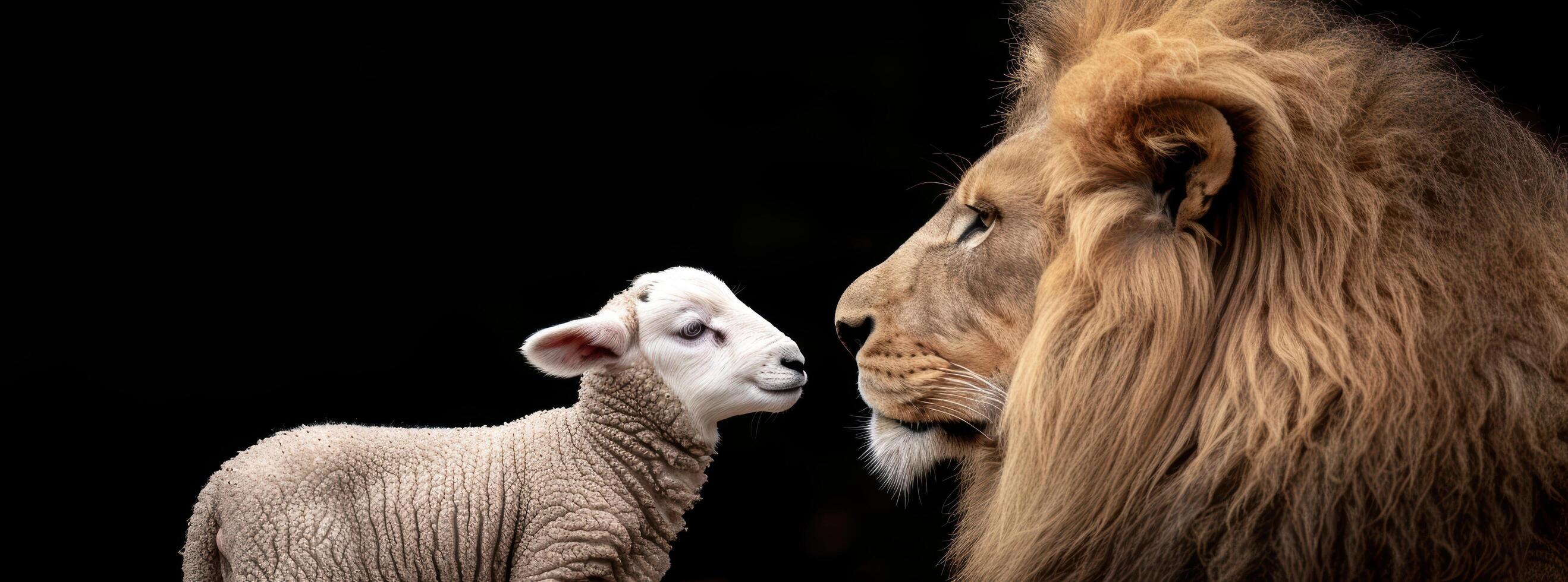 Powerful lion and gentle lamb photo