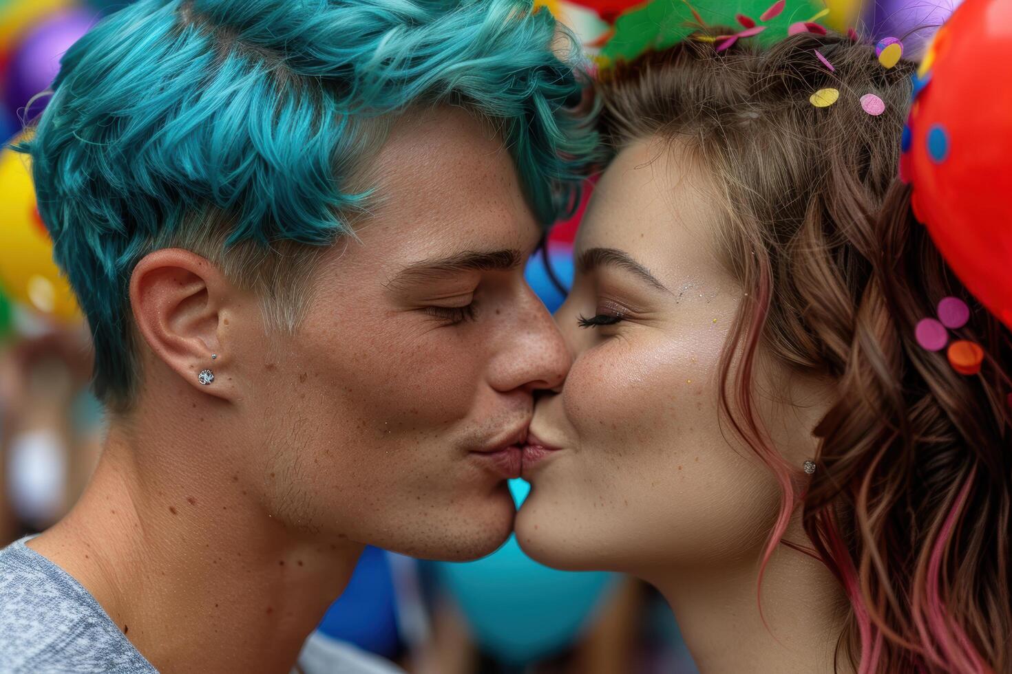 young couple kissing in colorful setting photo