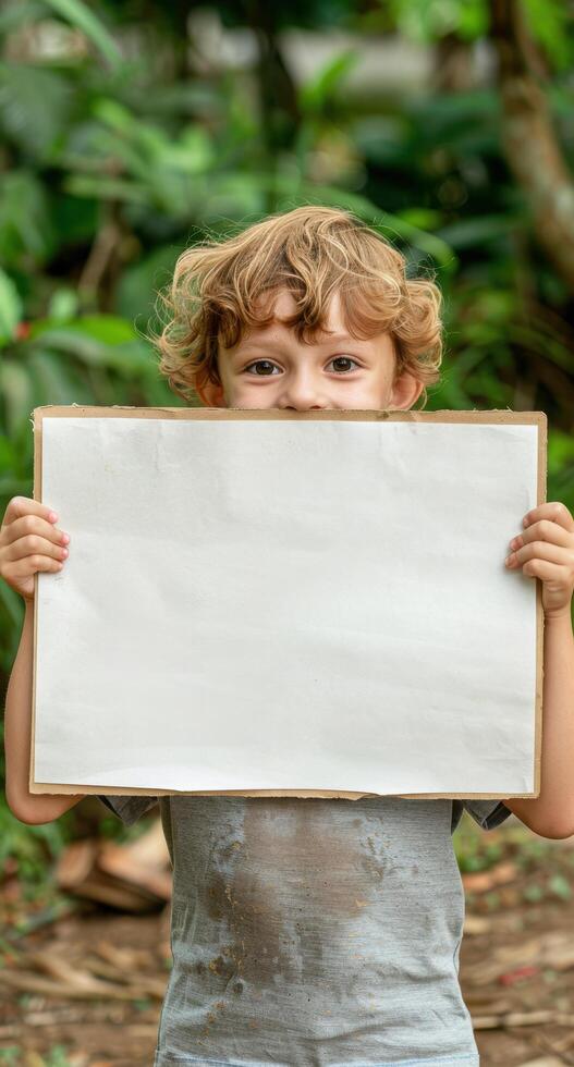 child holding blank sign in nature photo
