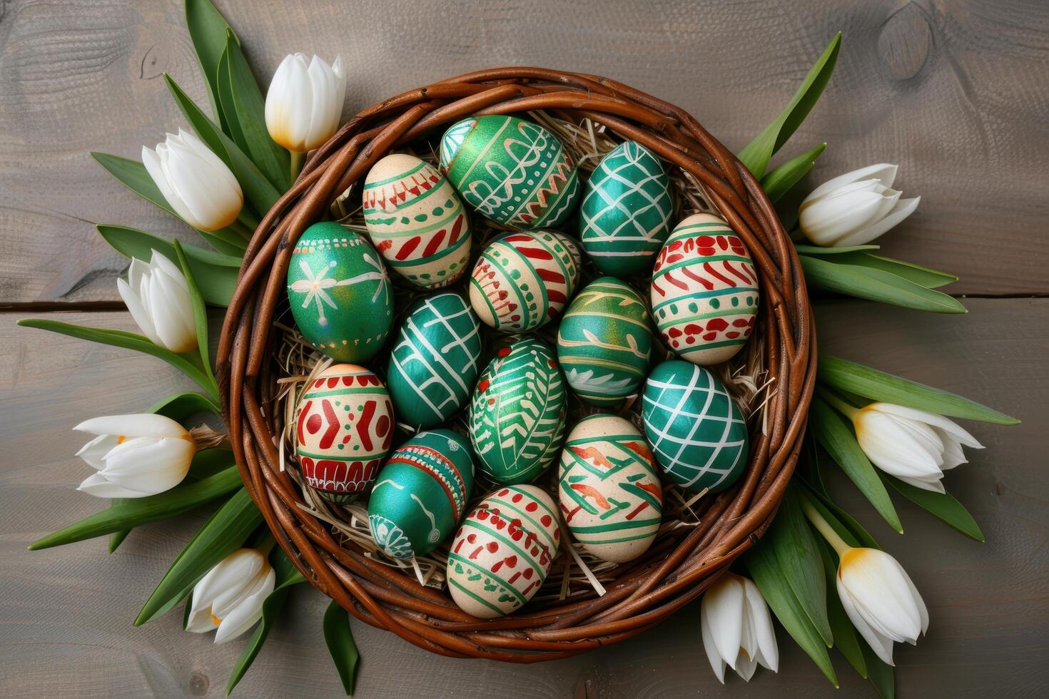 Colorful easter eggs in a wicker basket with tulips photo