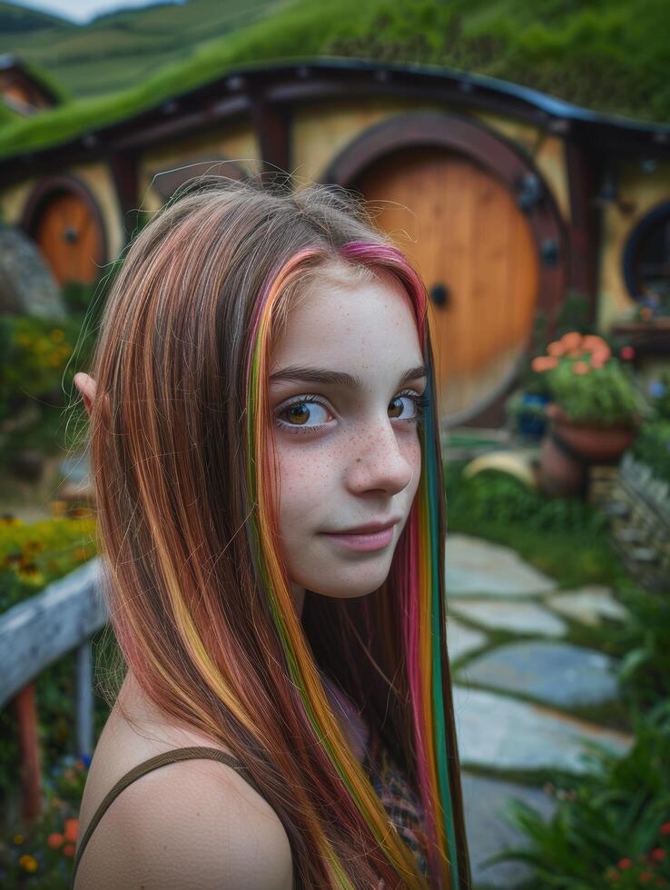 Vibrant young woman with colorful hair in whimsical garden photo