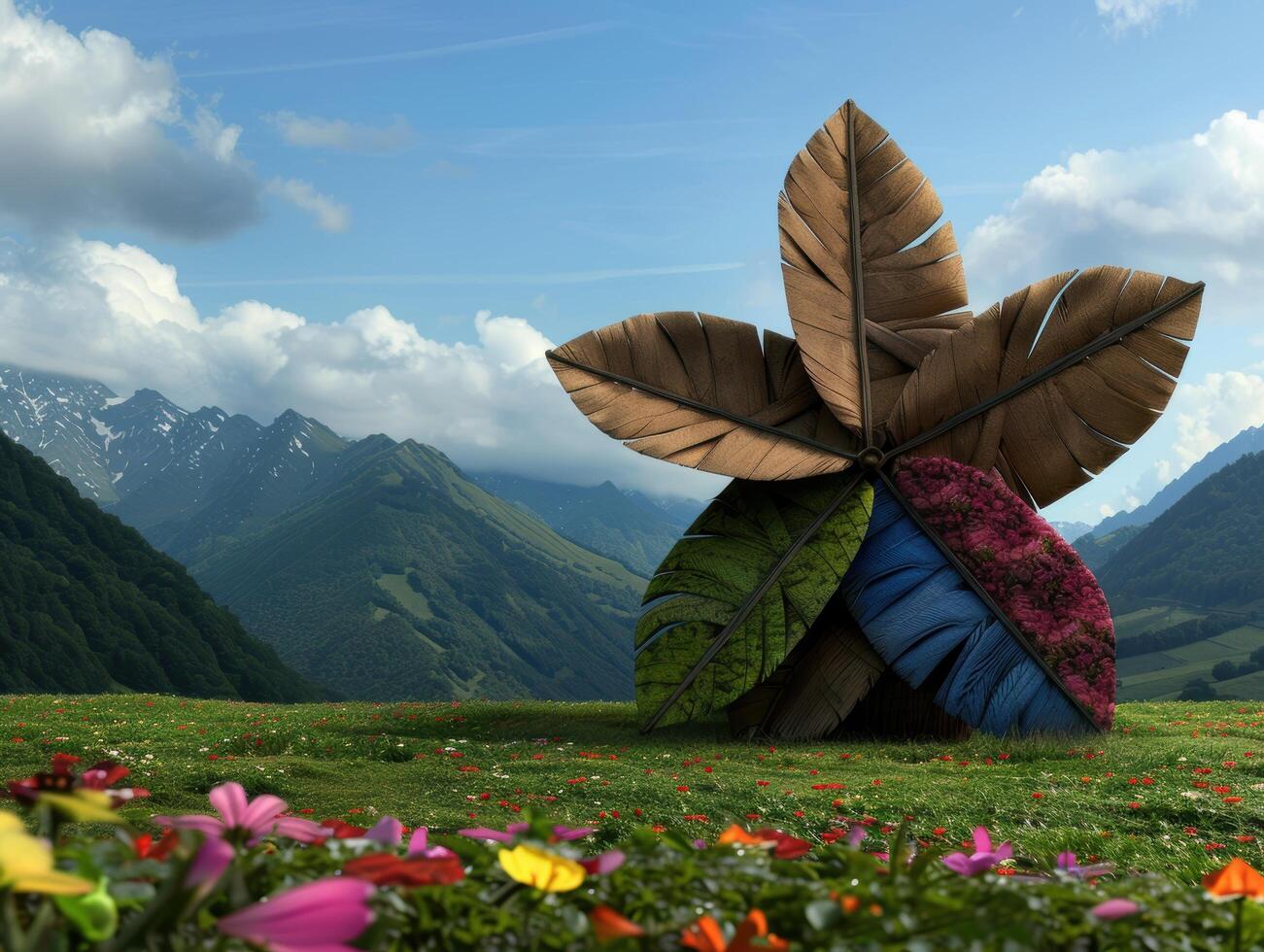 Surreal nature scene with giant leaf sculpture in mountain landscape photo