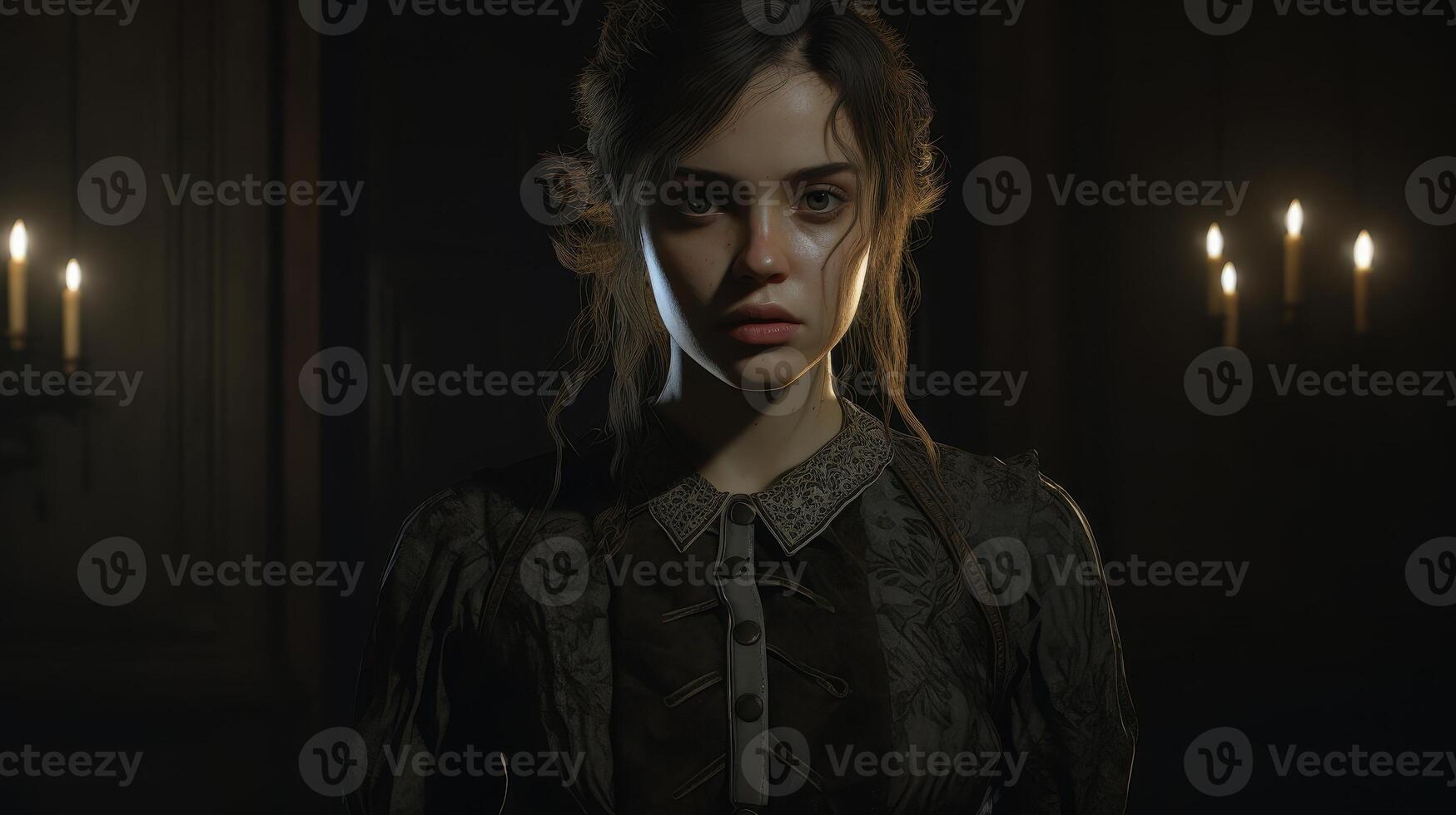Dramatic portrait of a young woman in a dark, moody setting photo