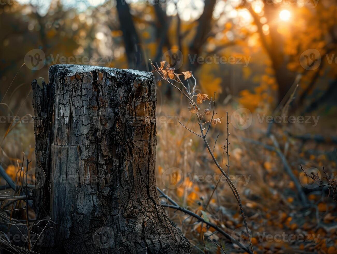 Autumn forest scene with old tree stump photo