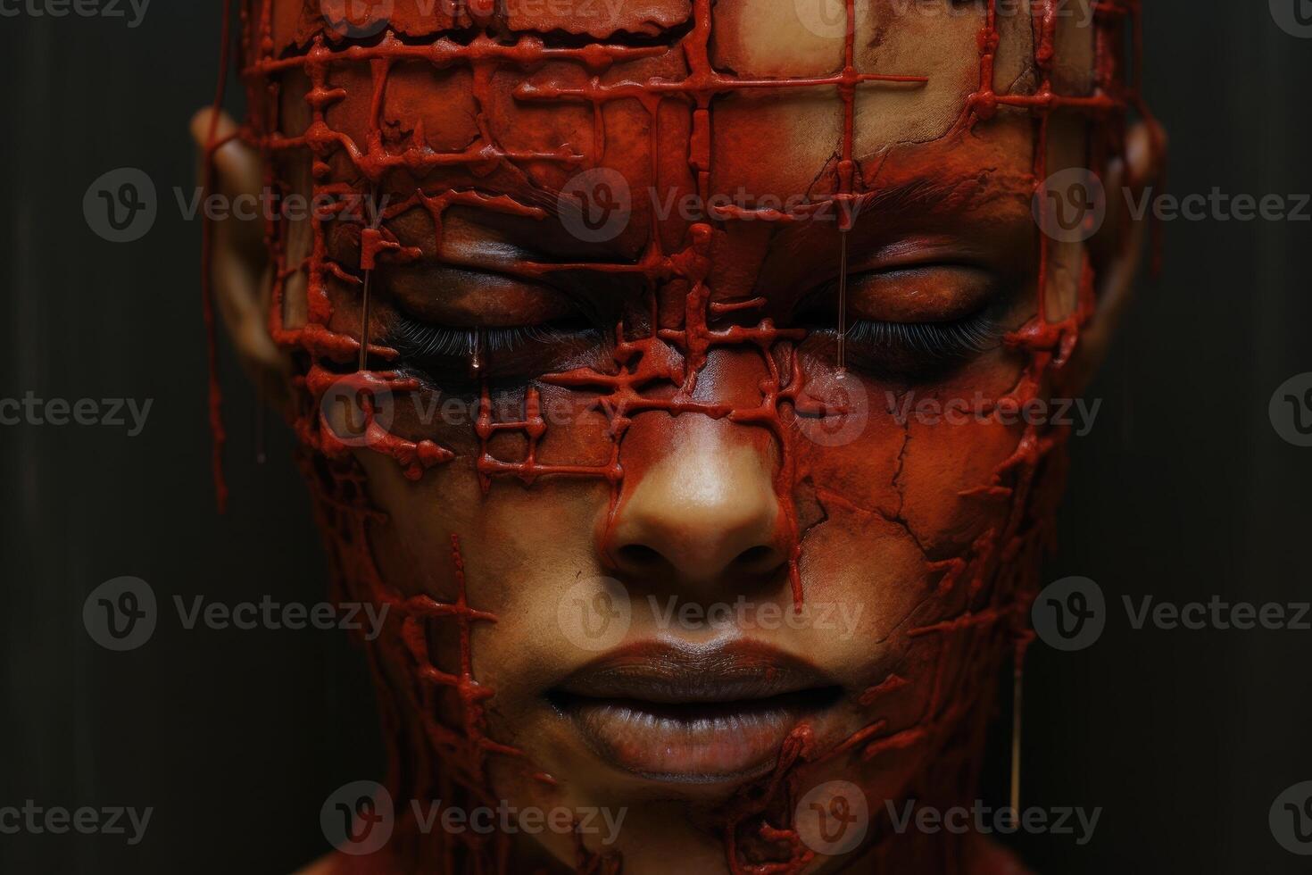 Surreal portrait of a face covered in cracked red paint photo