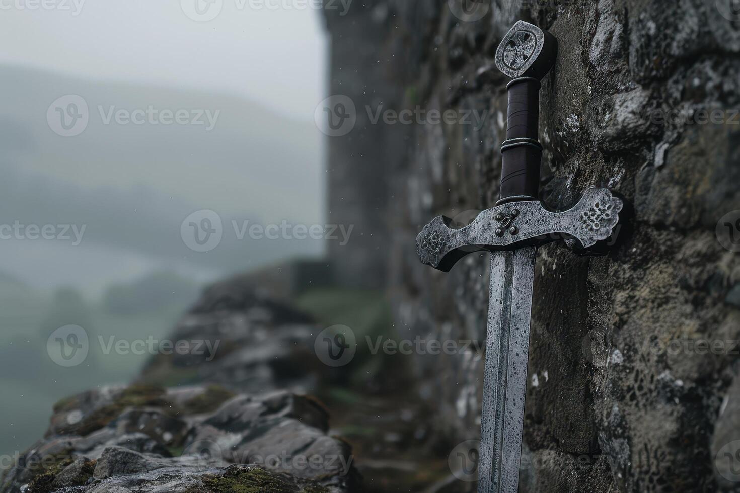 ancient sword embedded in rocky cliff photo