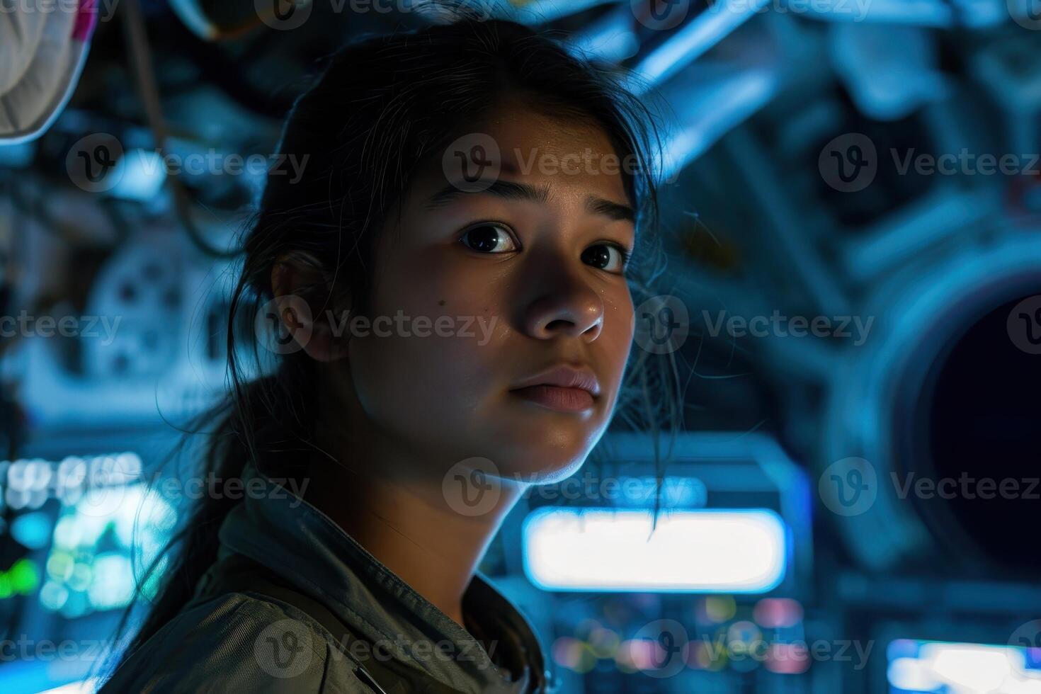pensive woman in futuristic environment photo
