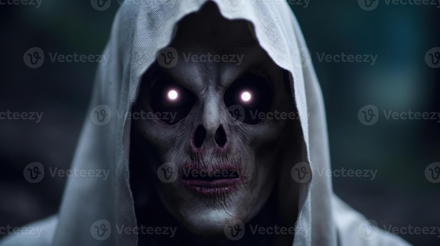 Mysterious hooded figure with glowing eyes photo