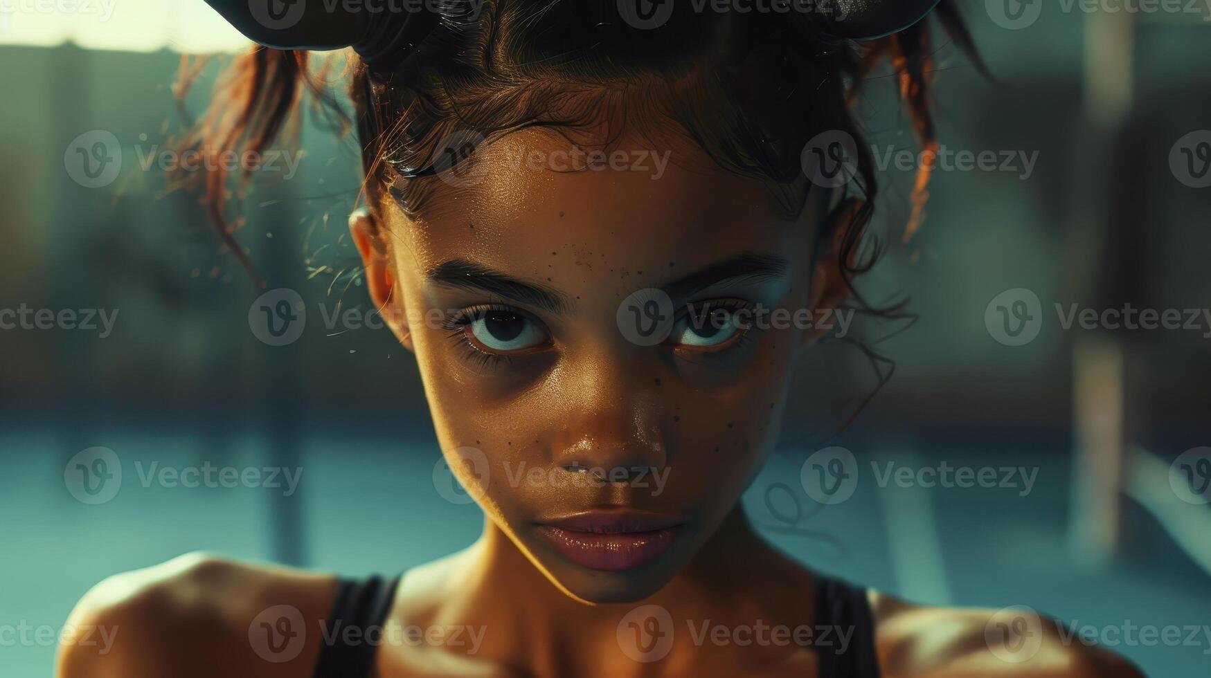 Pensive young woman with intense gaze photo