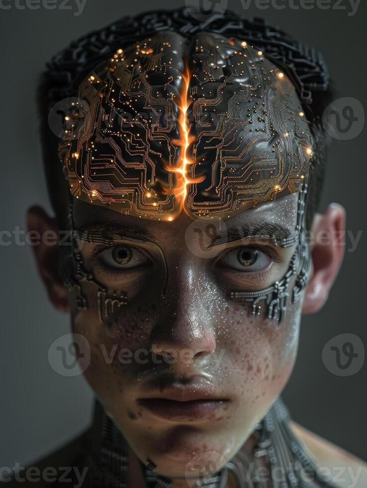 futuristic human cyborg with glowing circuit board brain photo