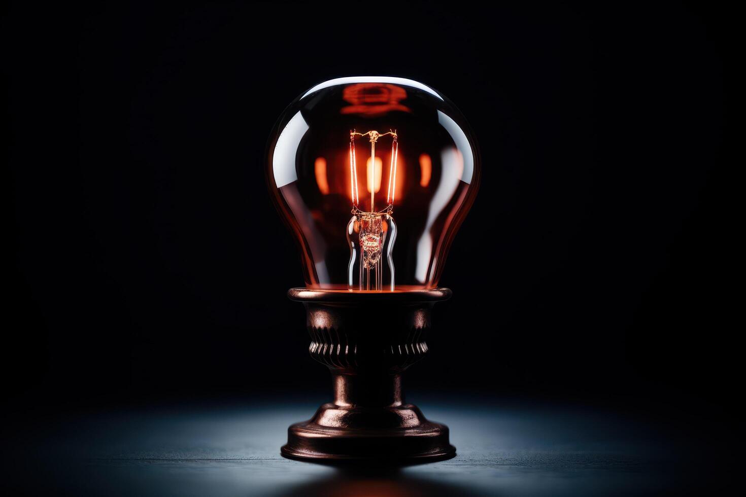 Glowing vintage light bulb in dark room photo