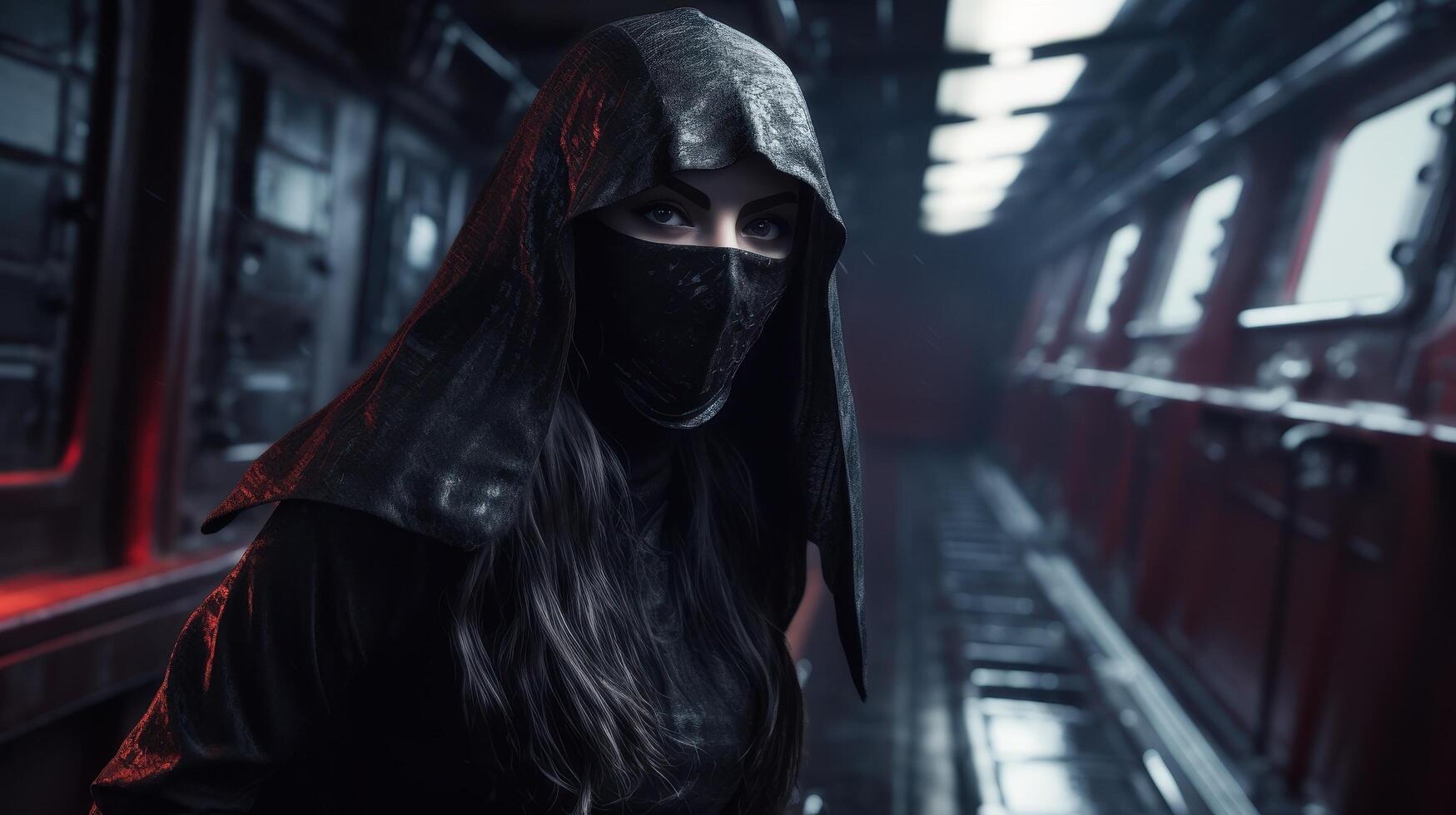 Mysterious hooded figure in dark alley photo
