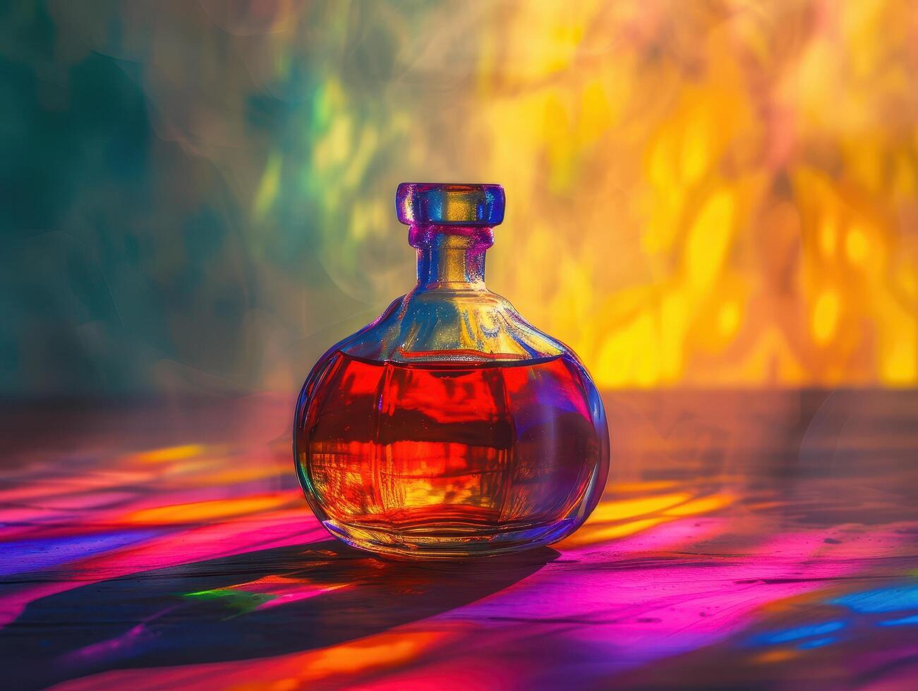 Colorful glass bottle with vibrant reflection photo