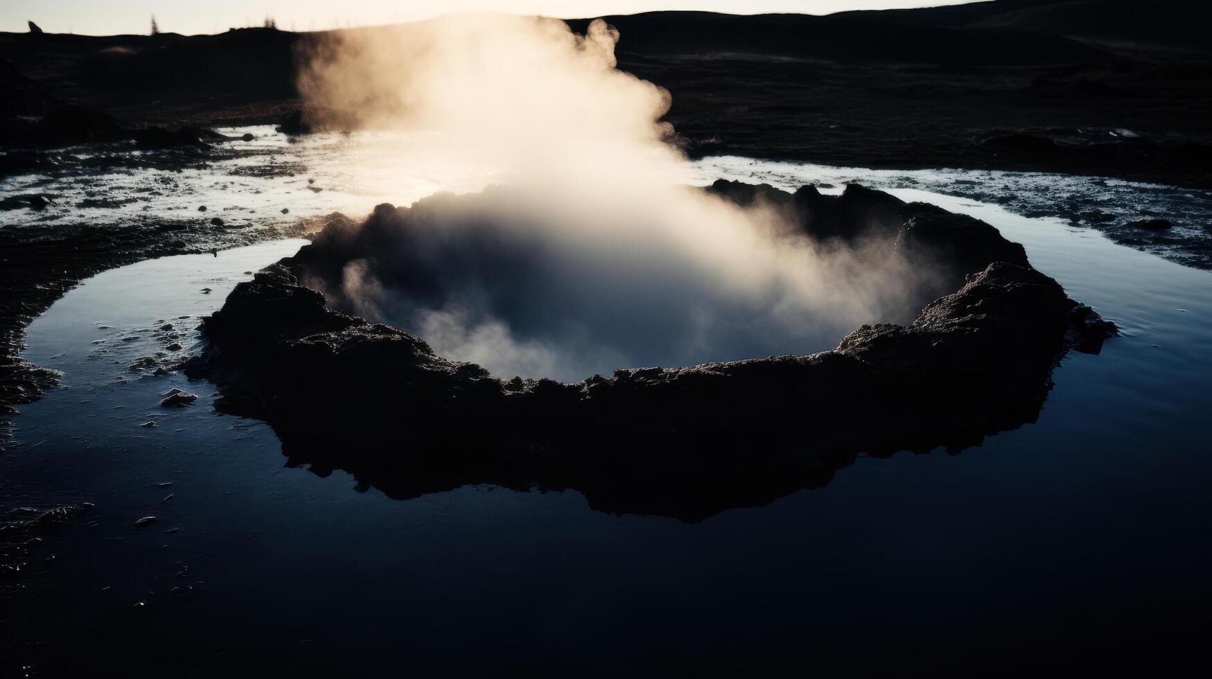 Dramatic volcanic landscape with steam rising from the water photo