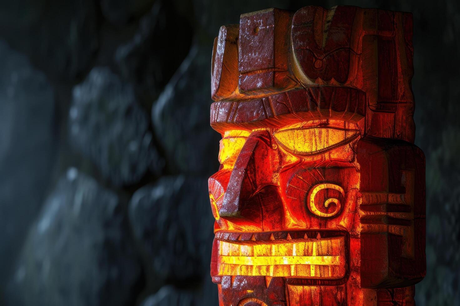 Intricate wooden totem pole with tribal patterns photo