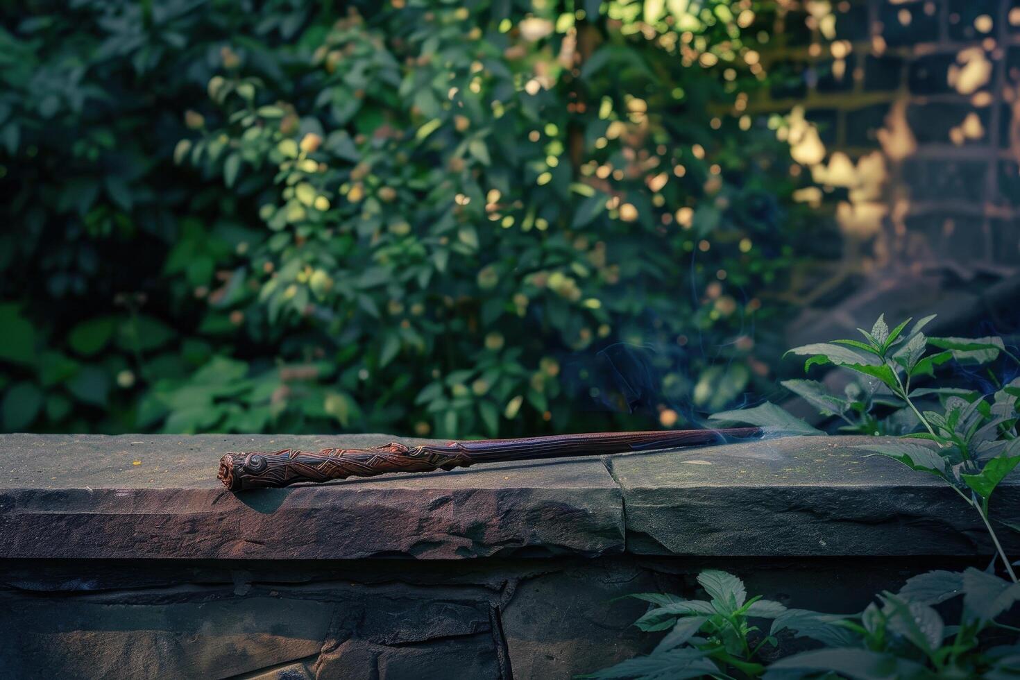 Ornate wooden staff resting on stone in lush garden photo