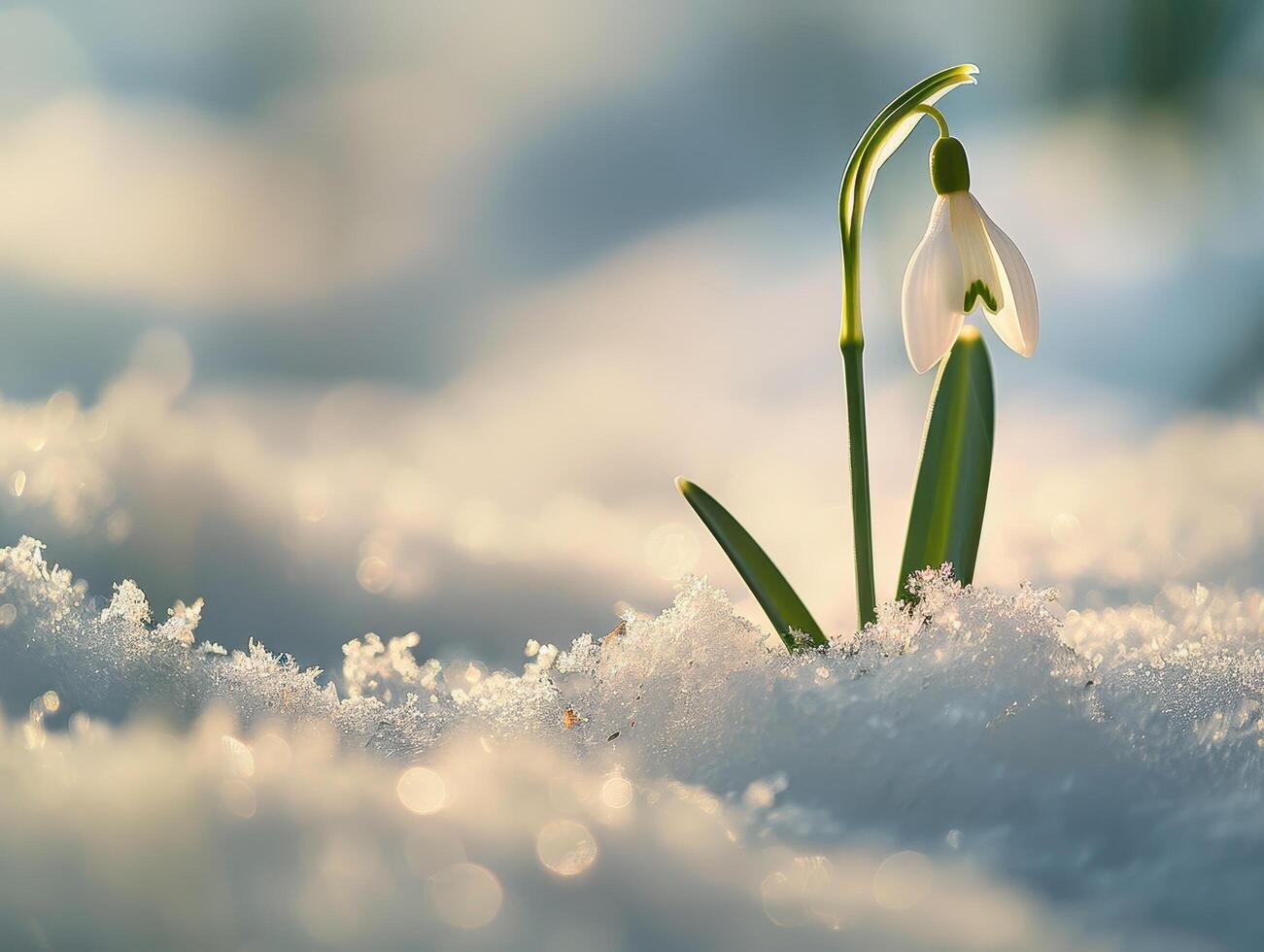Delicate snowdrop flower blooming in winter photo