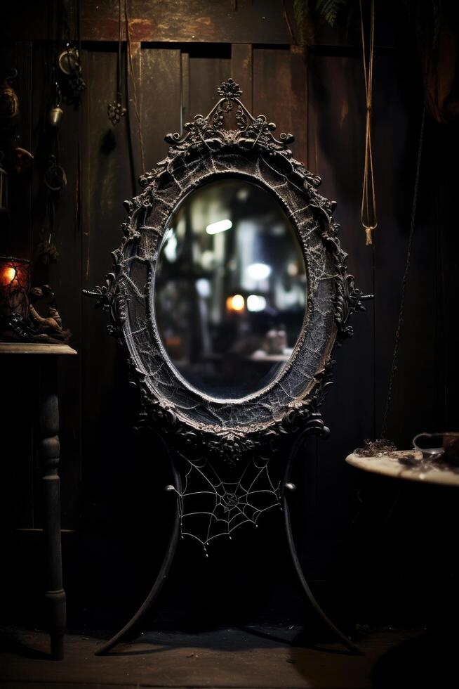 Ornate antique mirror in dark gothic setting photo