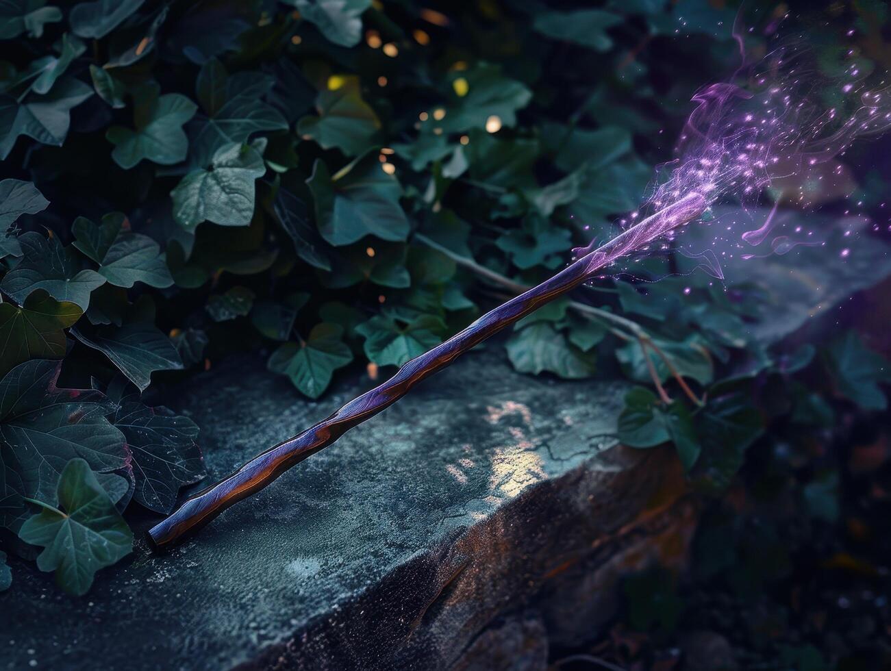 magical wand with sparks in dark forest photo